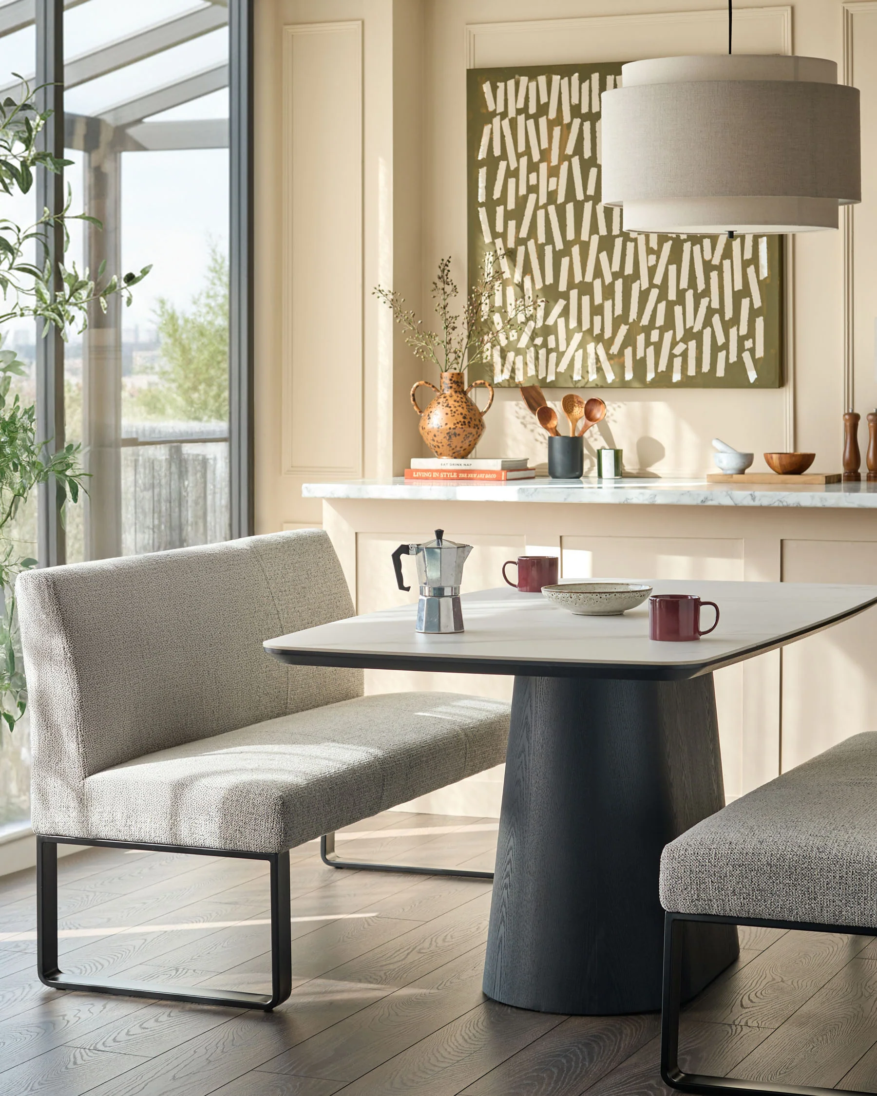 Loop grey fabric 3 seater black metal dining bench with backrest - Image 2