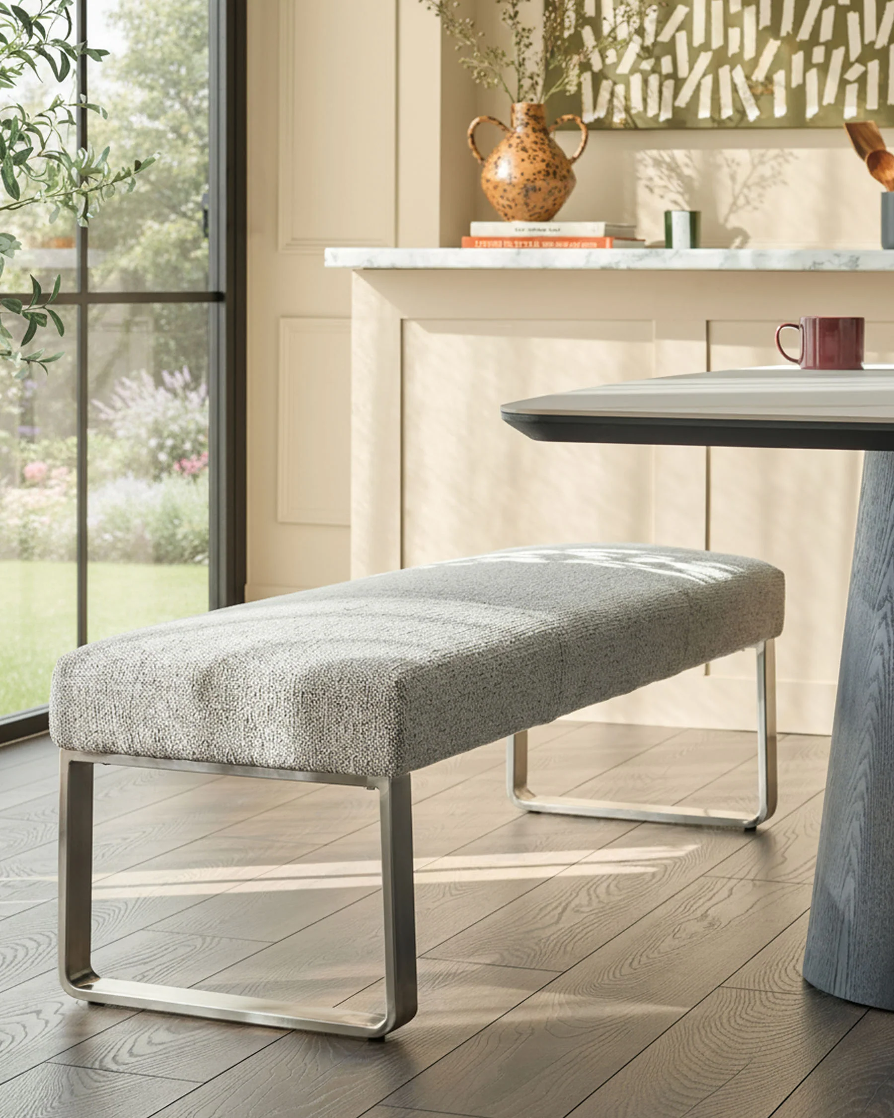 Loop grey fabric stainless steel 3 seater dining bench without backrest