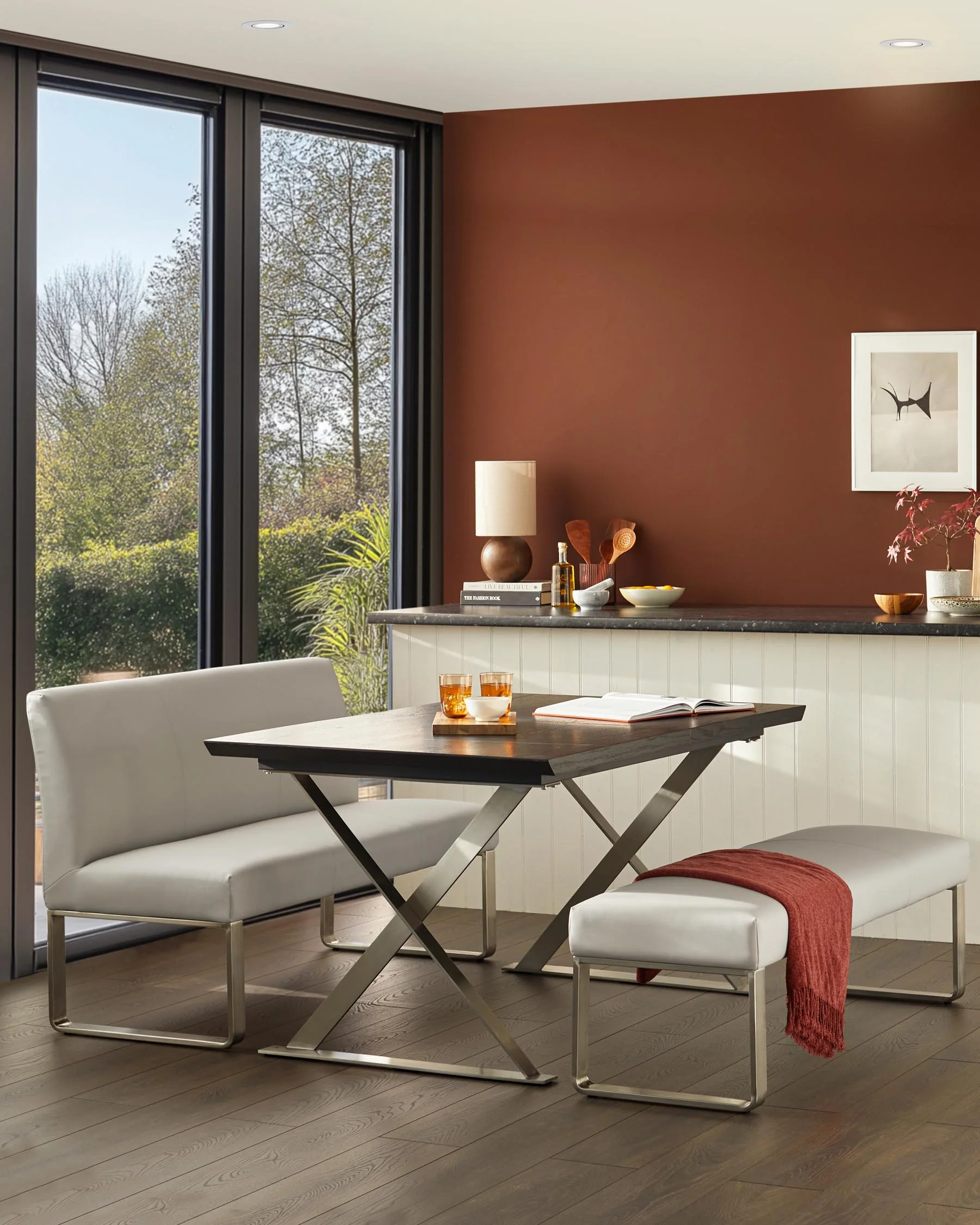 Loop 3 Seater Light Grey Faux Leather & Stainless Steel Bench Without Backrest - Image 4