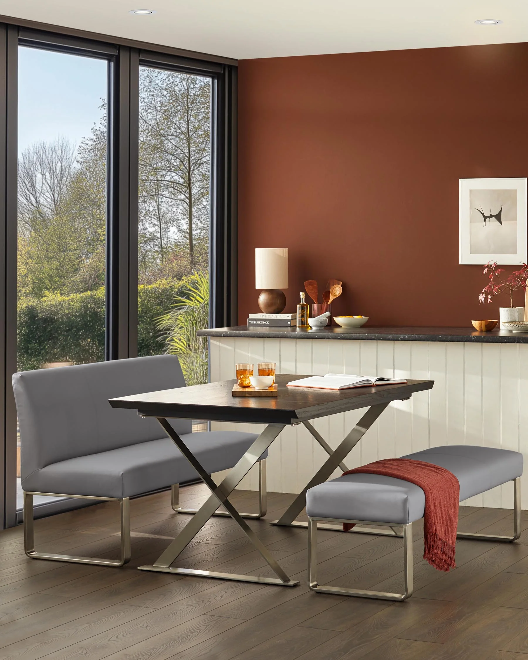 Loop 3 Seater Grey Faux Leather & Stainless Steel Bench Without Backrest - Image 4