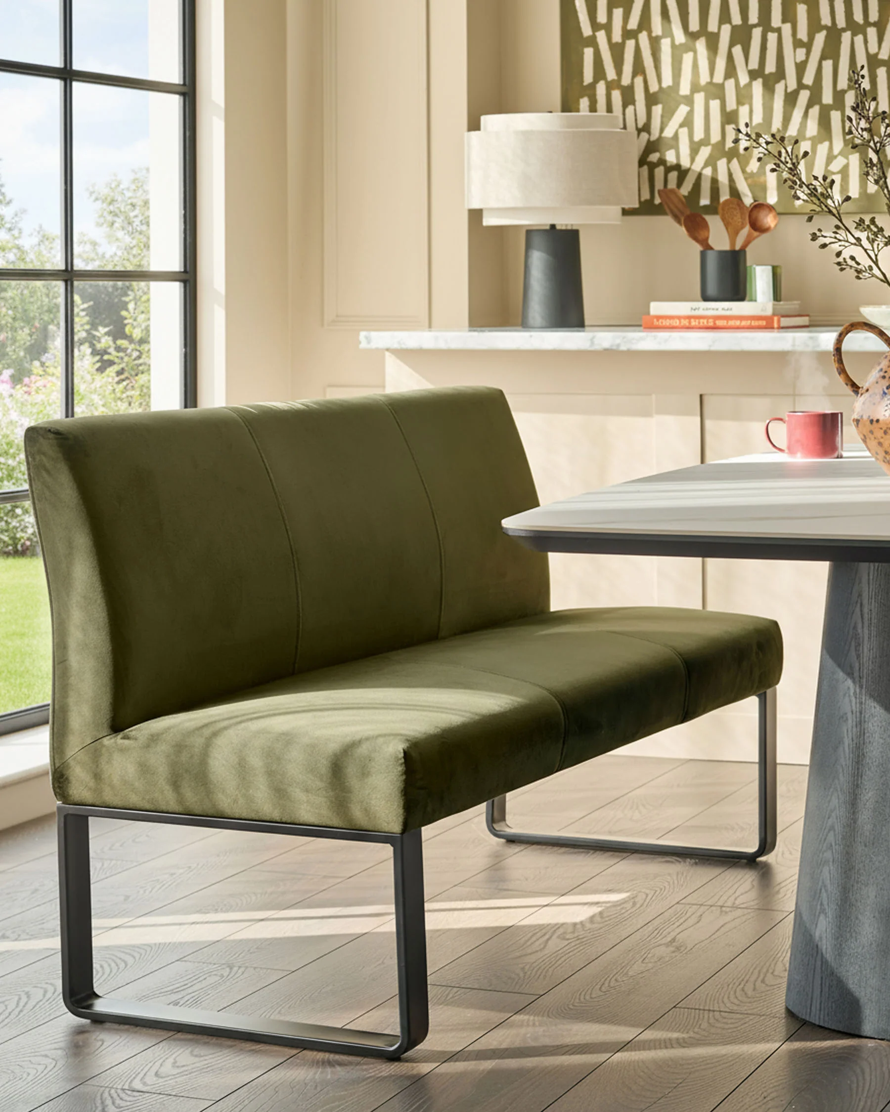 Loop olive green velvet 3 seater black metal dining bench with backrest