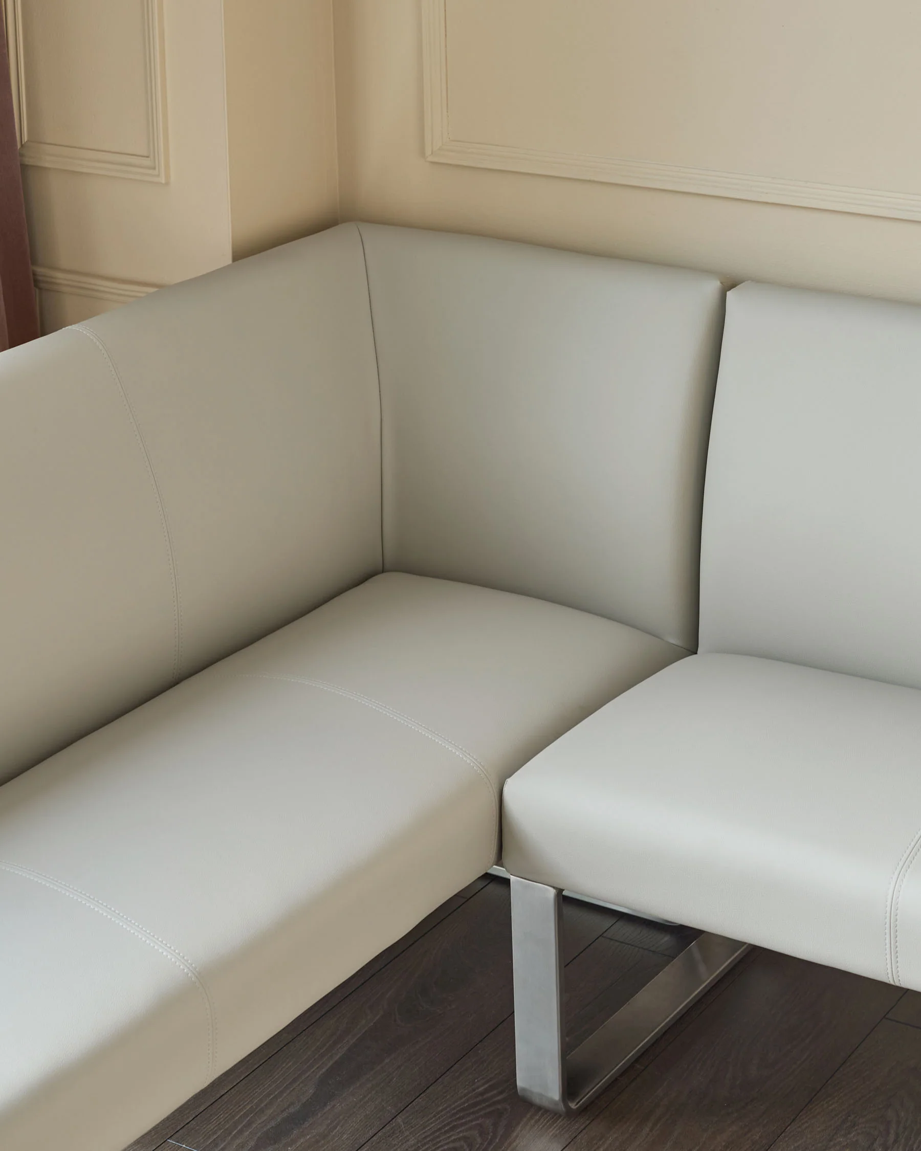 Loop 5 Seater Light Grey Faux Leather & Stainless Steel Right Hand Corner Dining Bench - Image 4