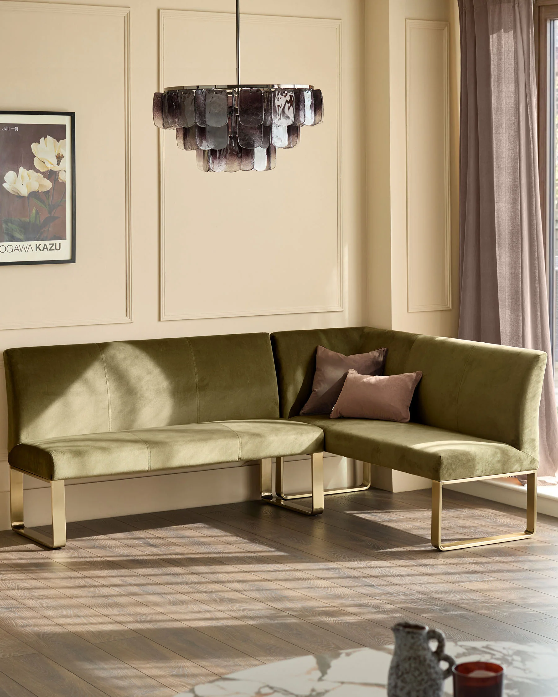 Loop olive green brushed brass left hand corner 5 seater dining bench
