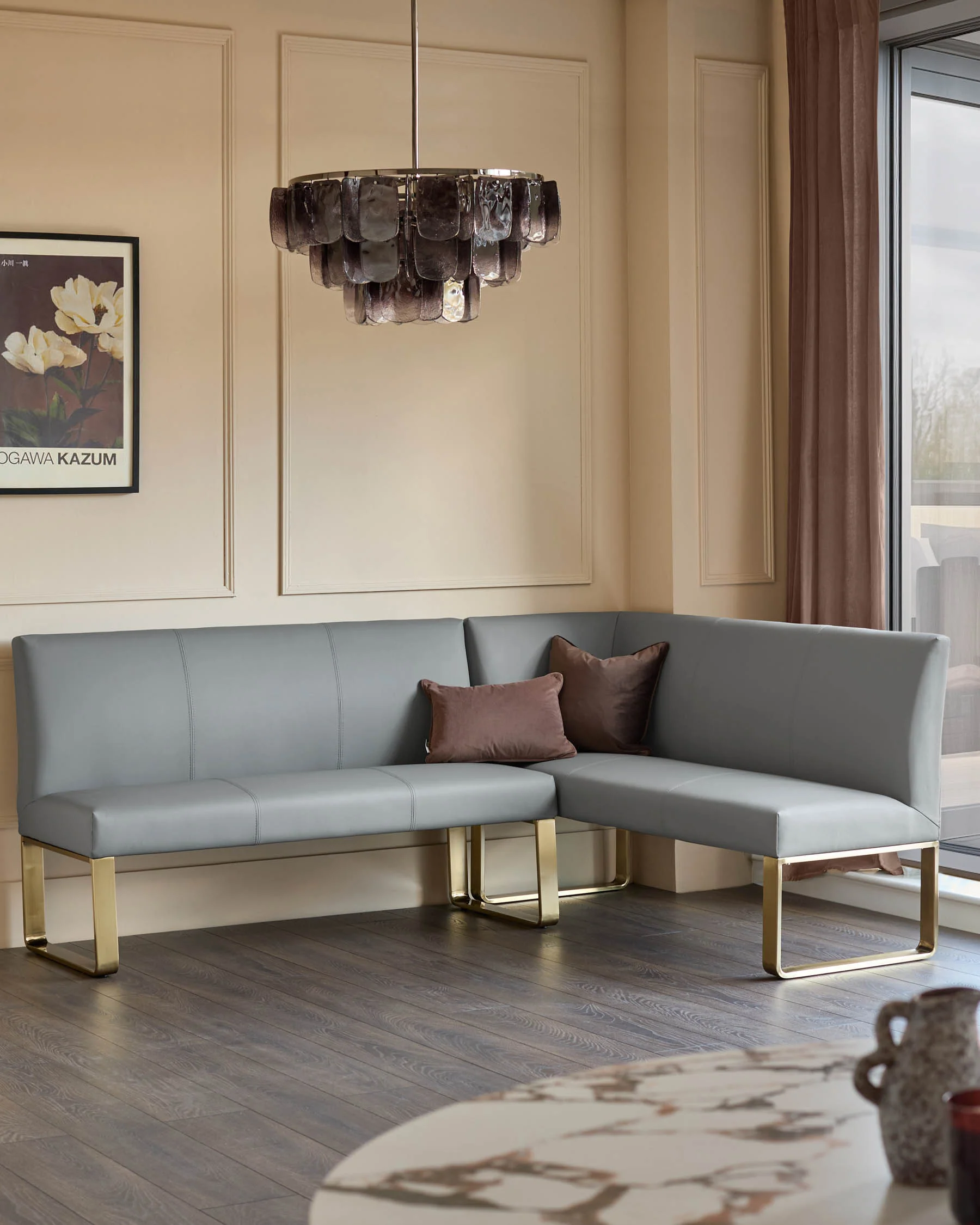 Loop mid grey faux leather left hand corner 5 seater brushed brass leg dining bench