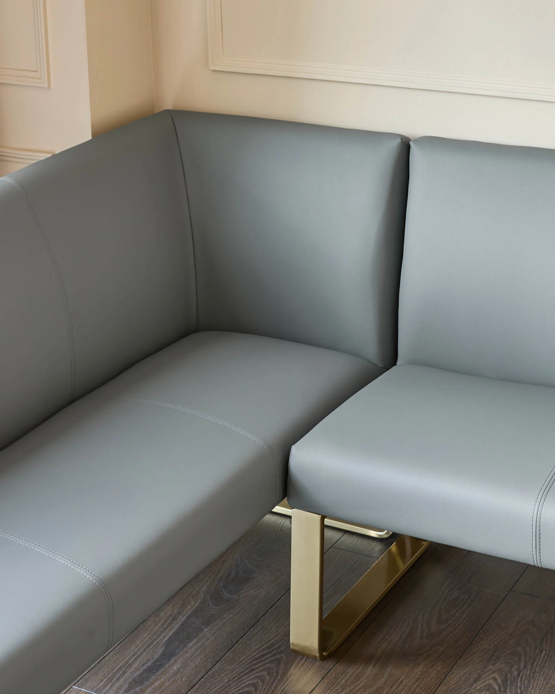 Loop mid grey faux leather left hand corner 5 seater brushed brass leg dining bench - Image 4