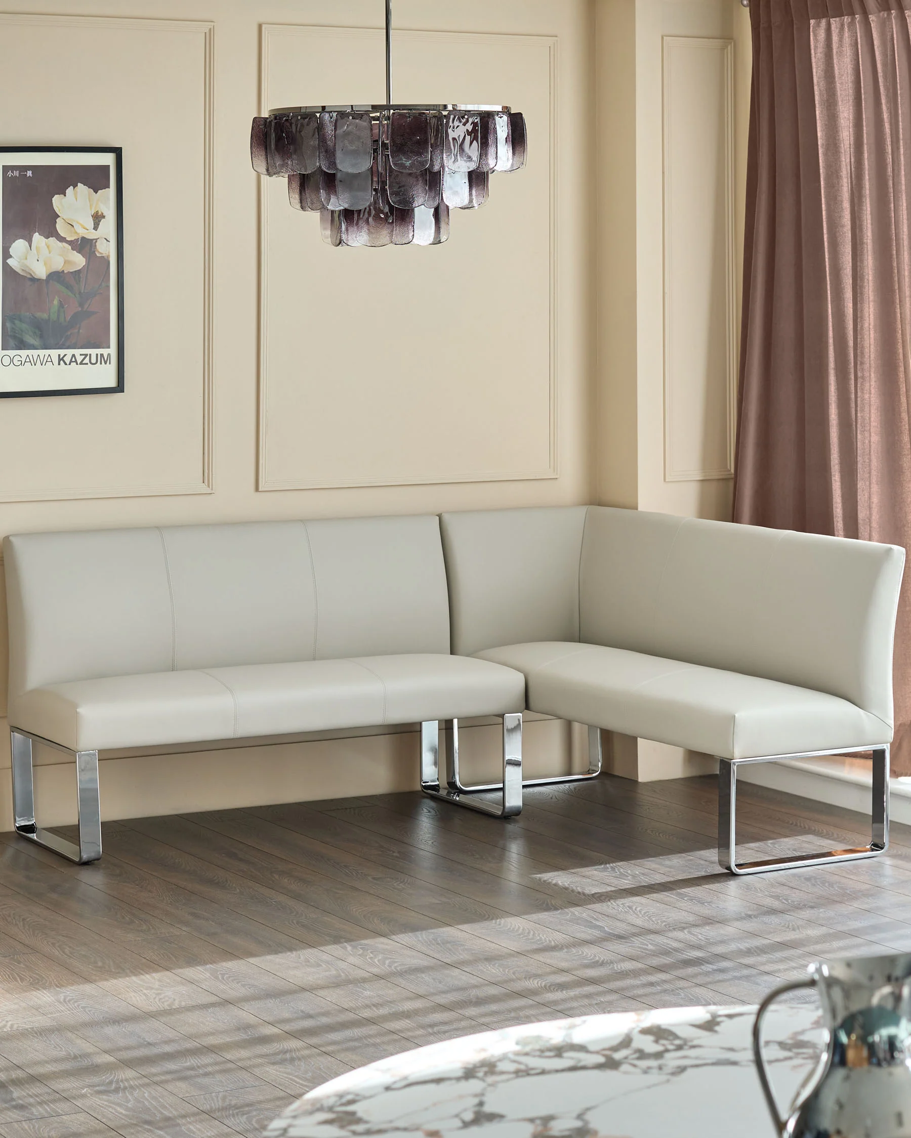 Loop light grey faux leather left hand corner 5 seater chrome leg dining bench