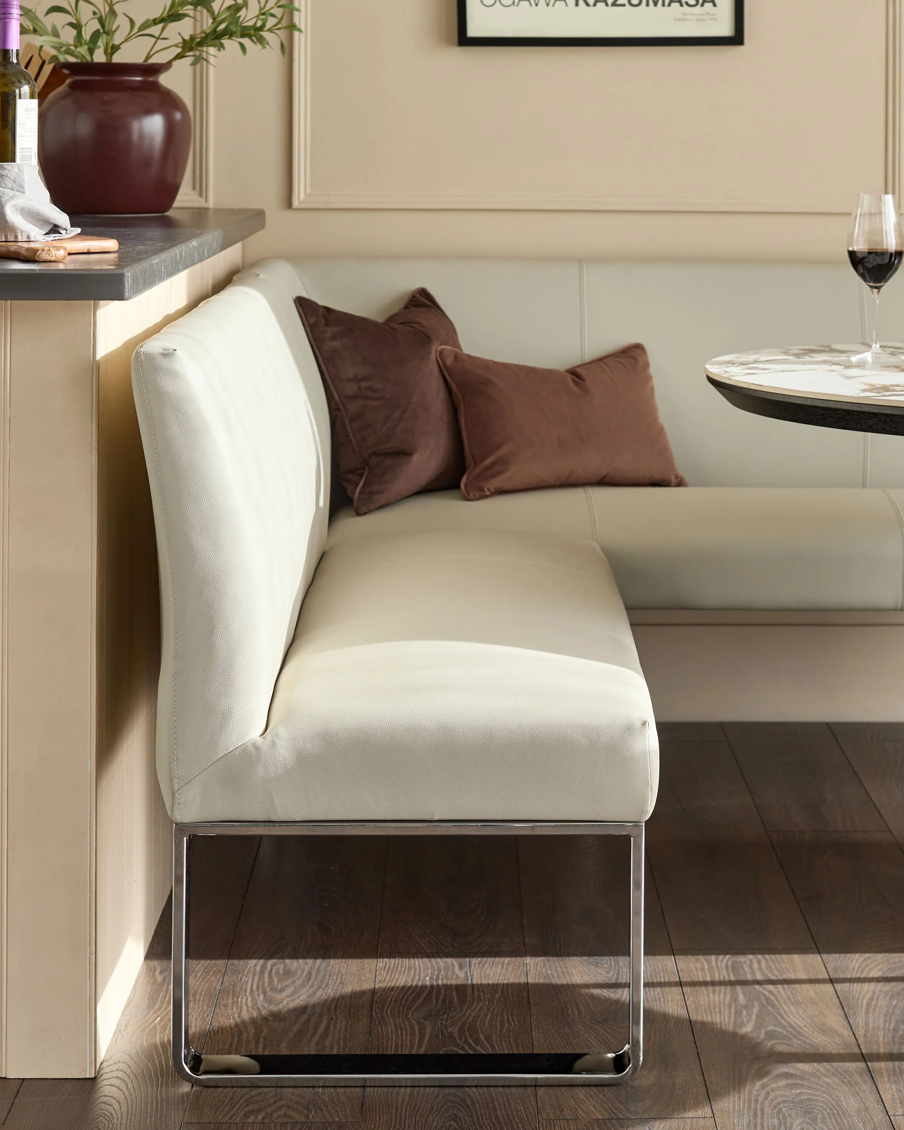 Loop light grey faux leather left hand corner 5 seater chrome leg dining bench - Image 3