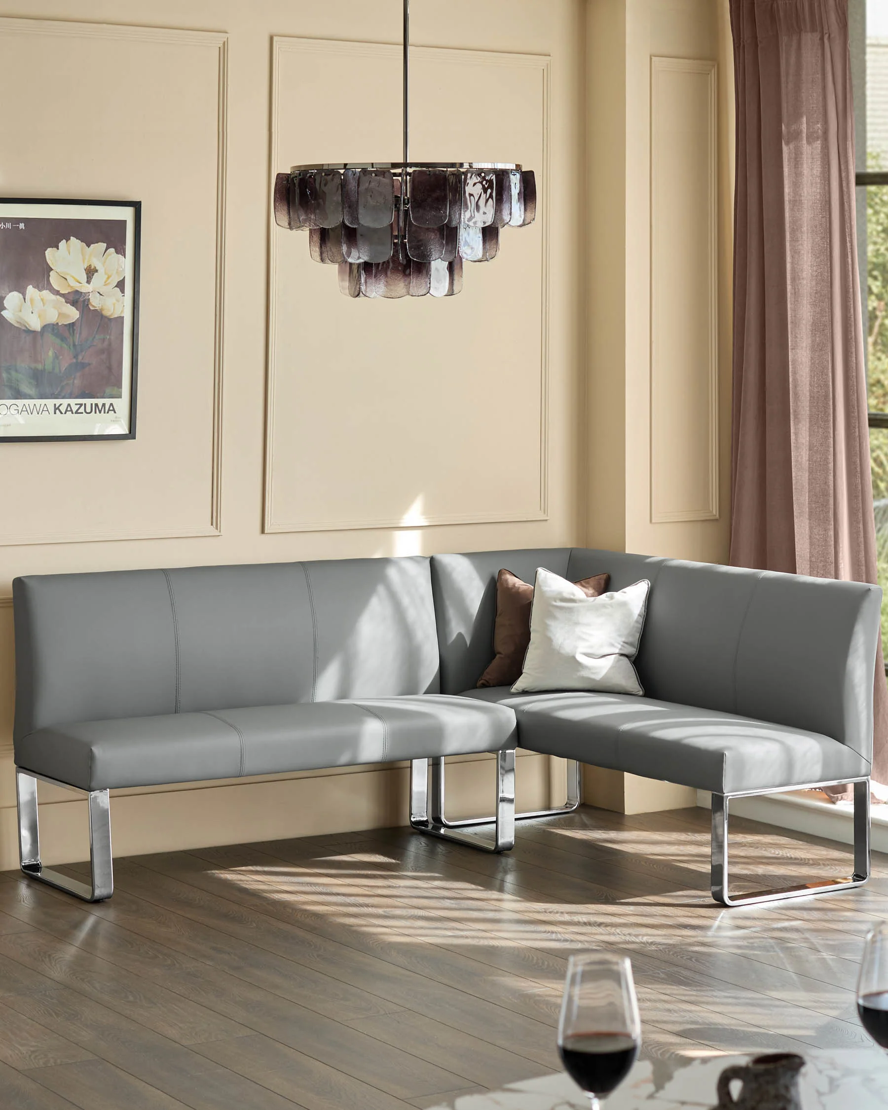 Loop mid grey faux leather left hand corner 5 seater chrome leg dining bench