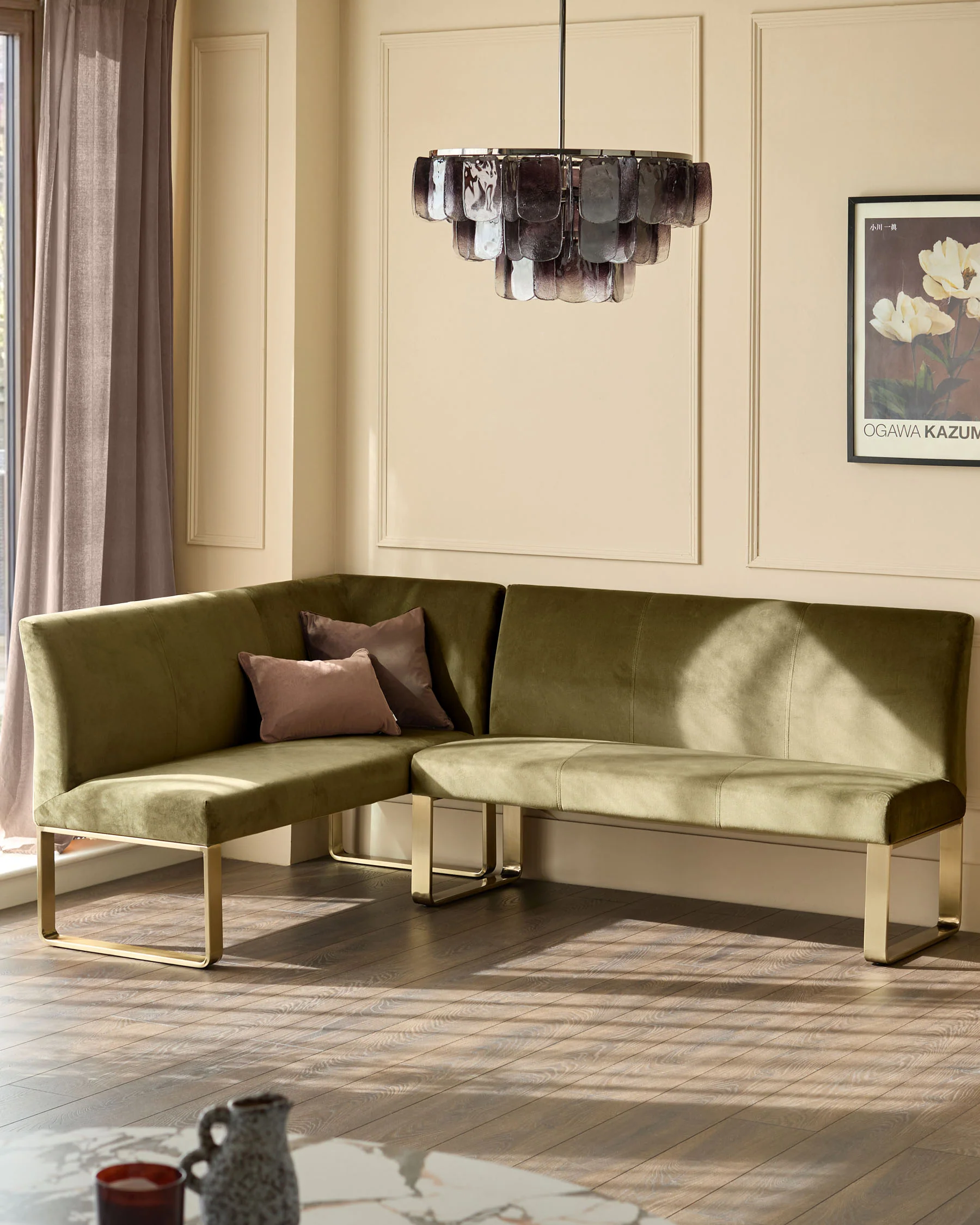 Loop olive green velvet brushed brass right hand corner 5 seater dining bench