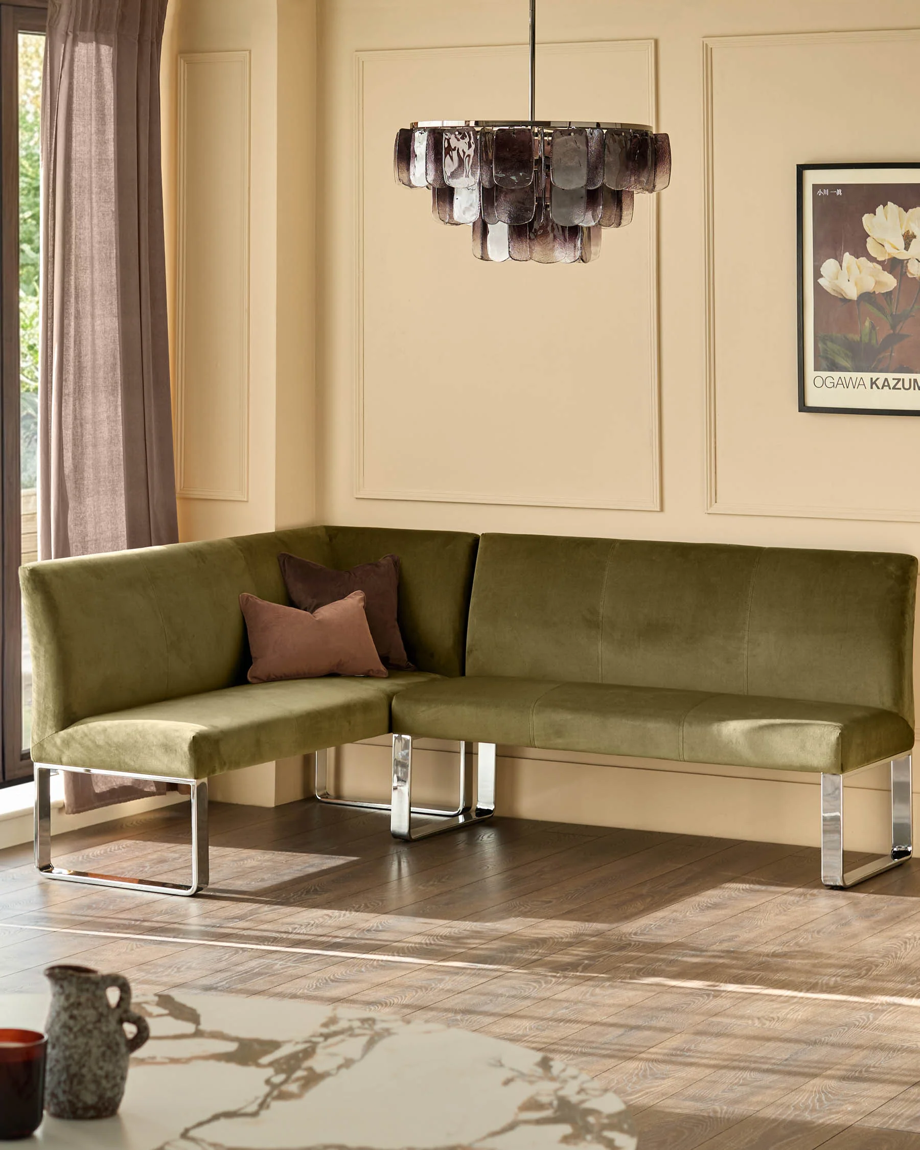 Loop olive green velvet chrome right hand corner 5 seater dining bench