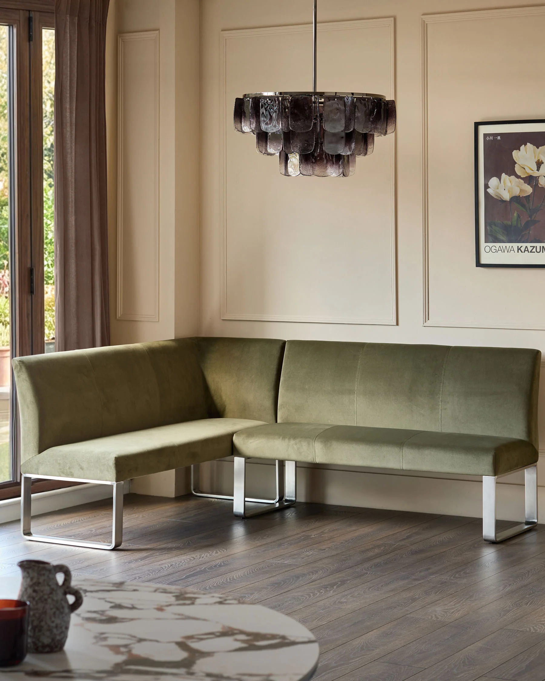 Loop olive green velvet stainless steel right hand corner 5 seater dining bench