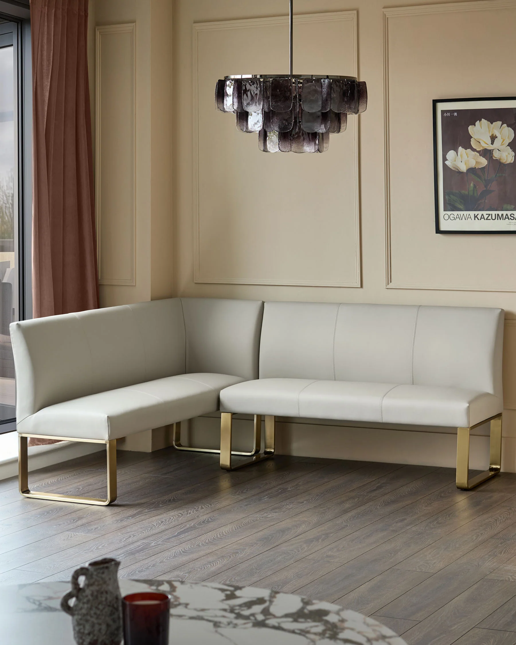 Loop light grey faux leather right hand corner 5 seater brushed brass leg dining bench