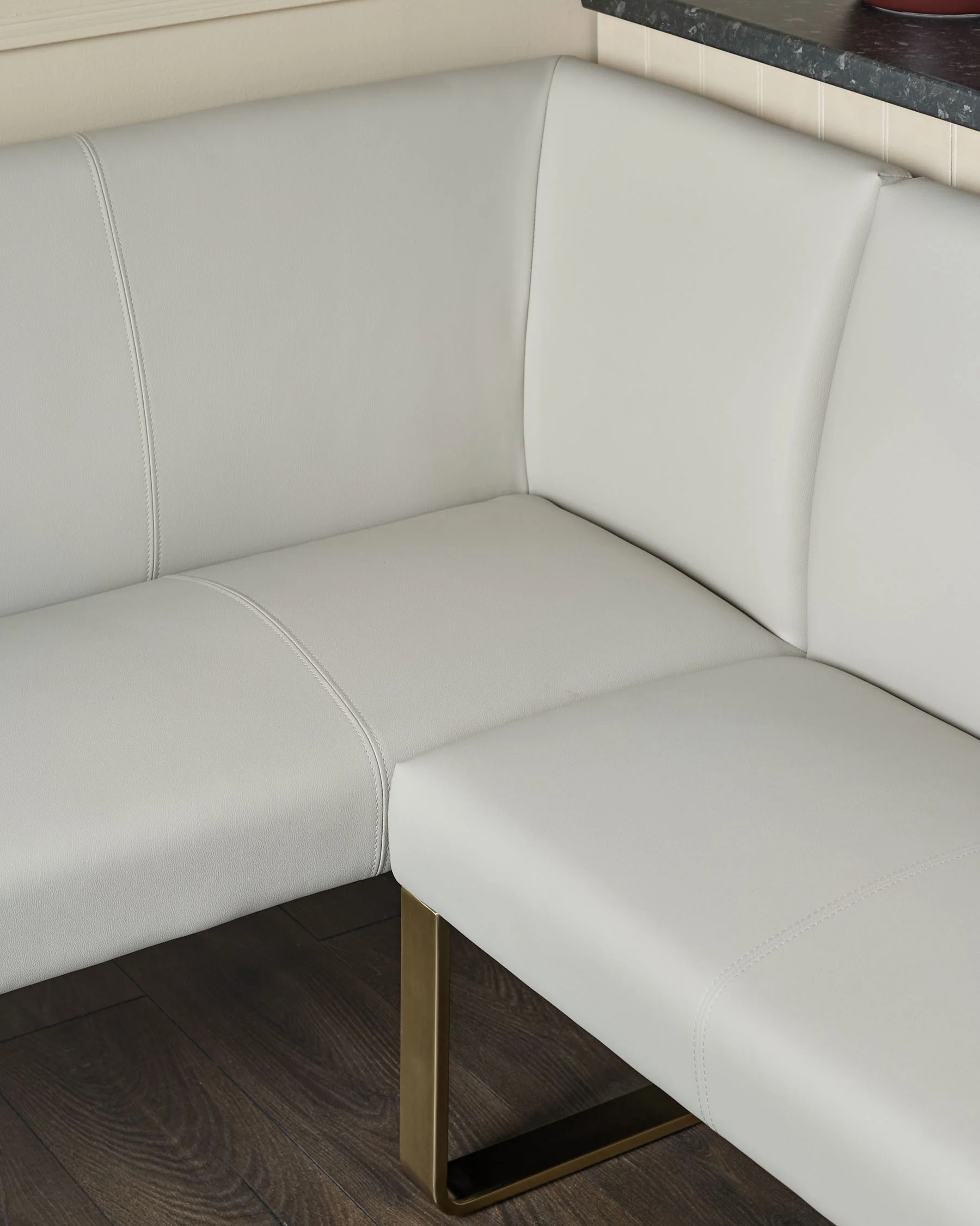 Loop light grey faux leather right hand corner 5 seater brushed brass leg dining bench - Image 4