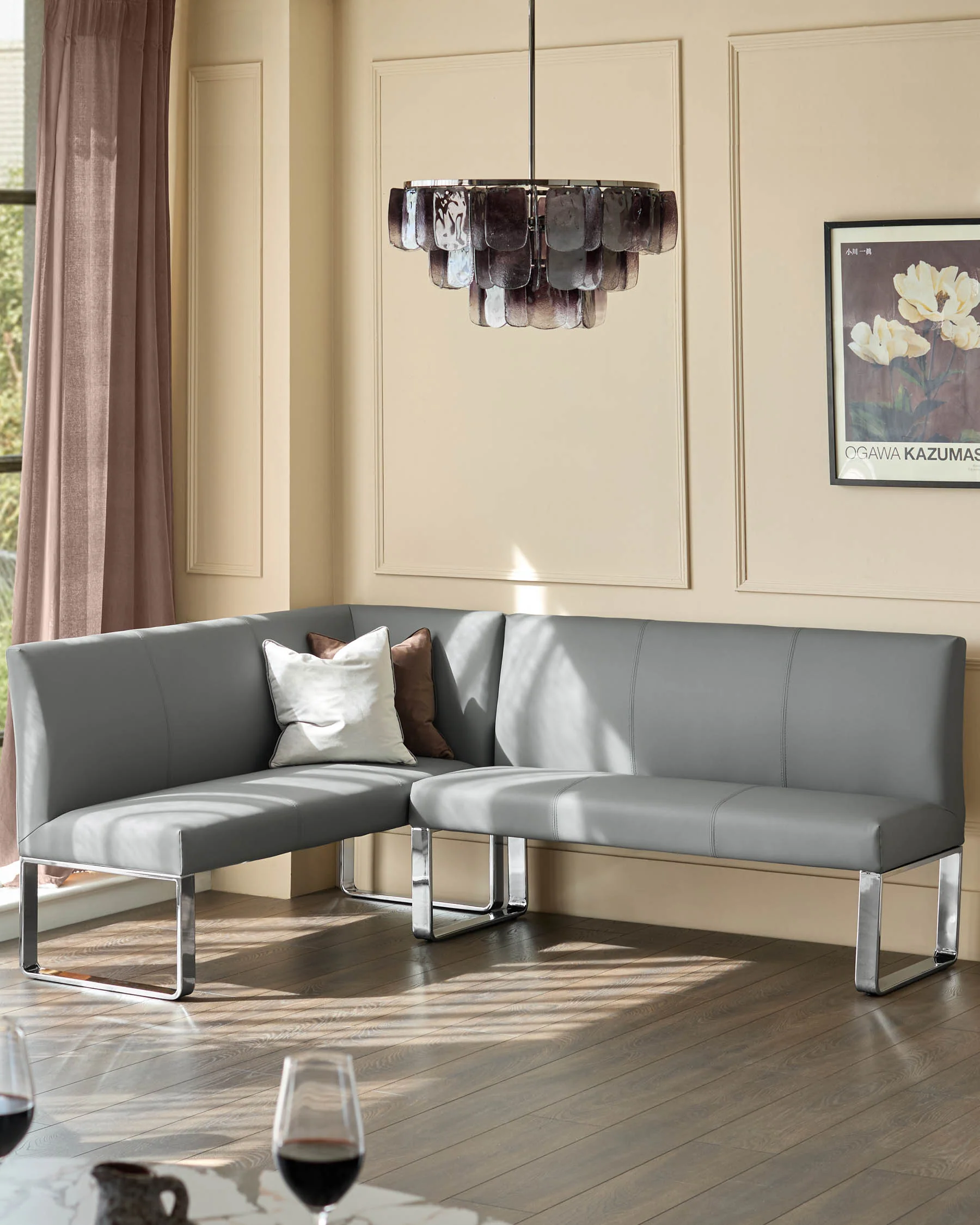 Loop mid grey faux leather right hand corner 5 seater chrome leg dining bench