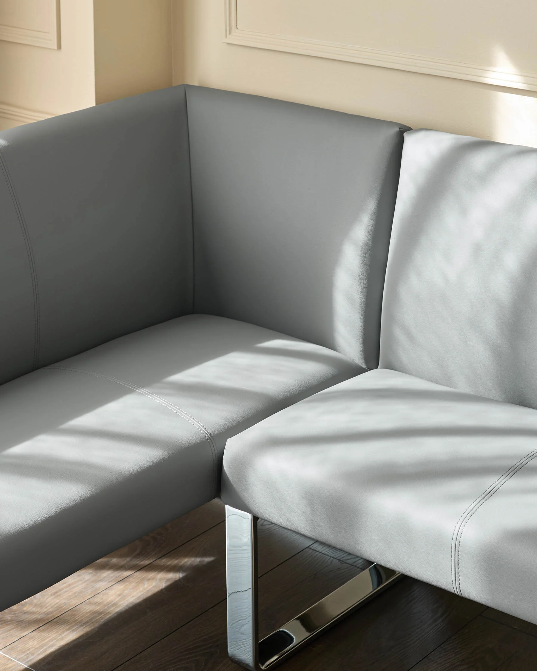 Loop mid grey faux leather right hand corner 5 seater chrome leg dining bench - Image 6