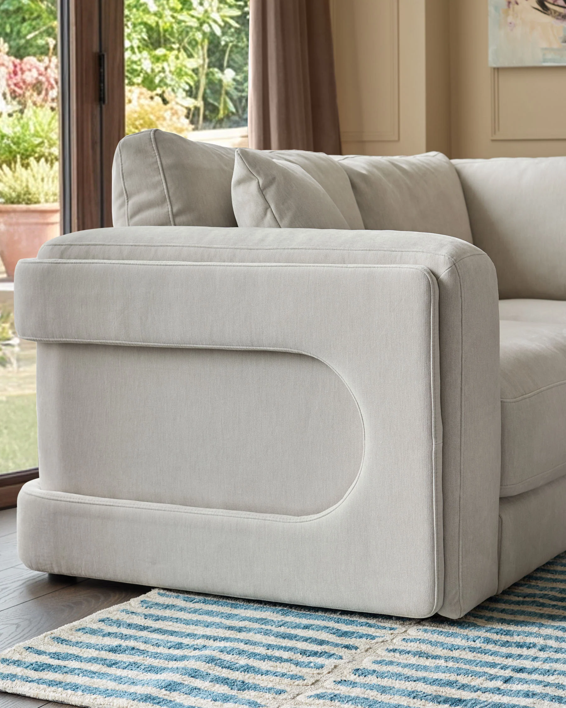 Lynetta natural grey chenille small corner sofa with footstool - Image 3