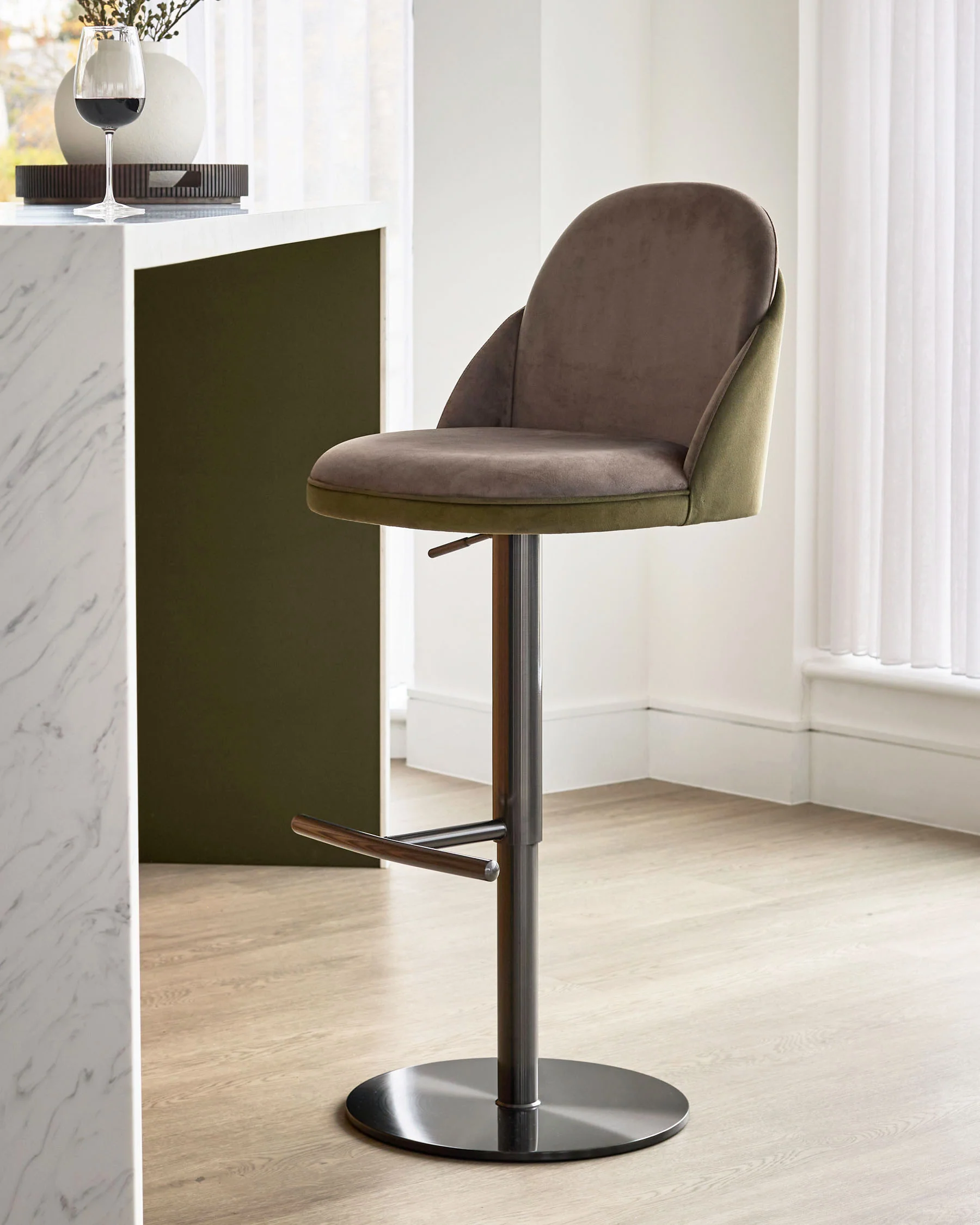 Myra olive green velvet and mocha velvet gas lift bar stool