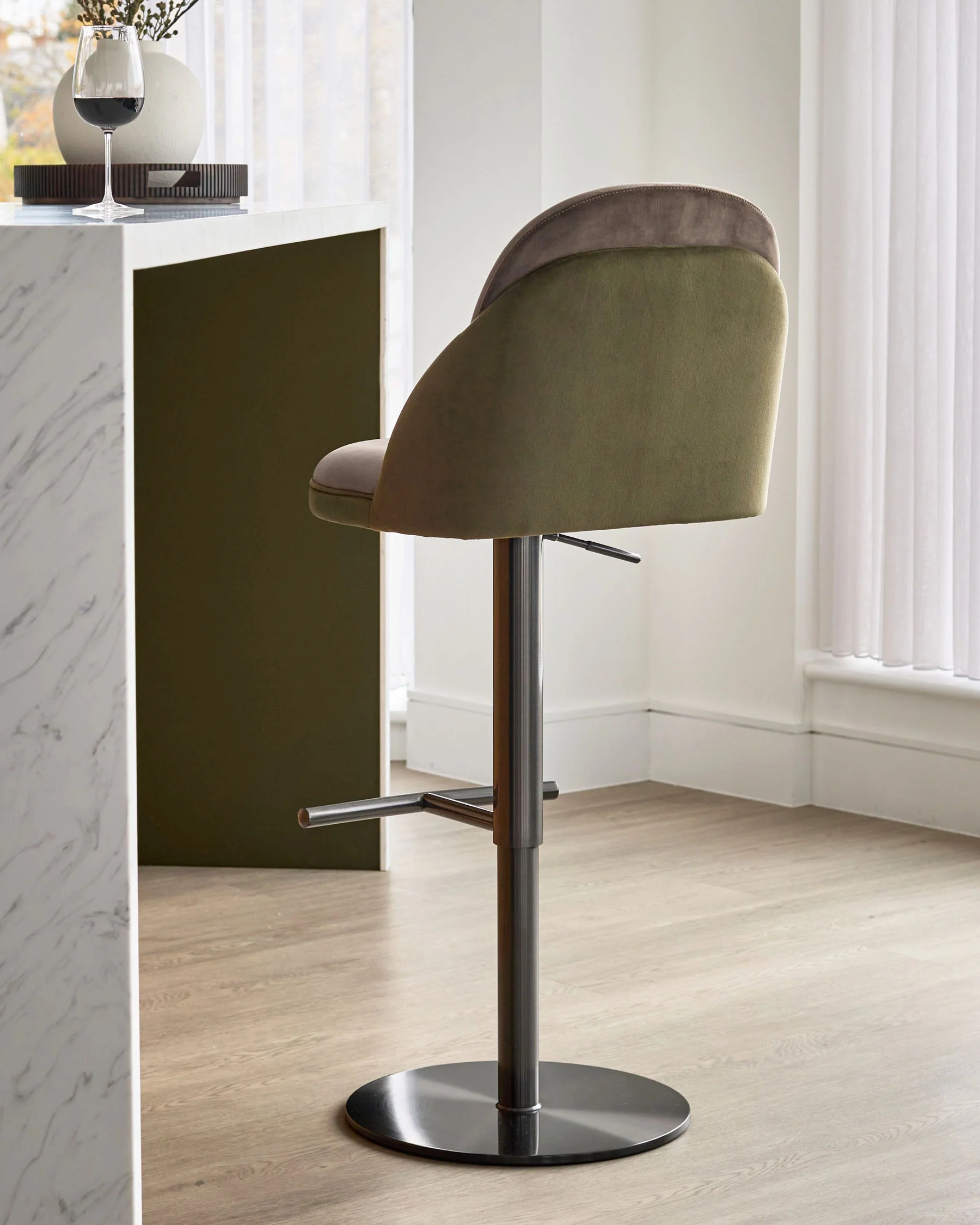 Myra olive green velvet and mocha velvet gas lift bar stool - Image 2