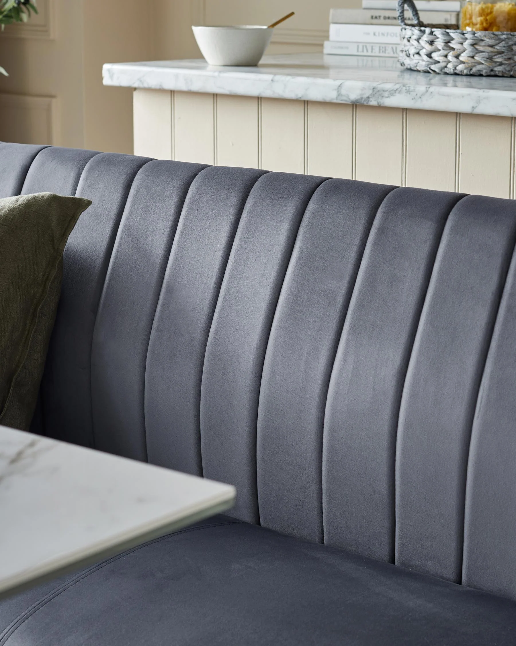 Ophelia dark grey velvet 3 seater dining bench with backrest - Image 3