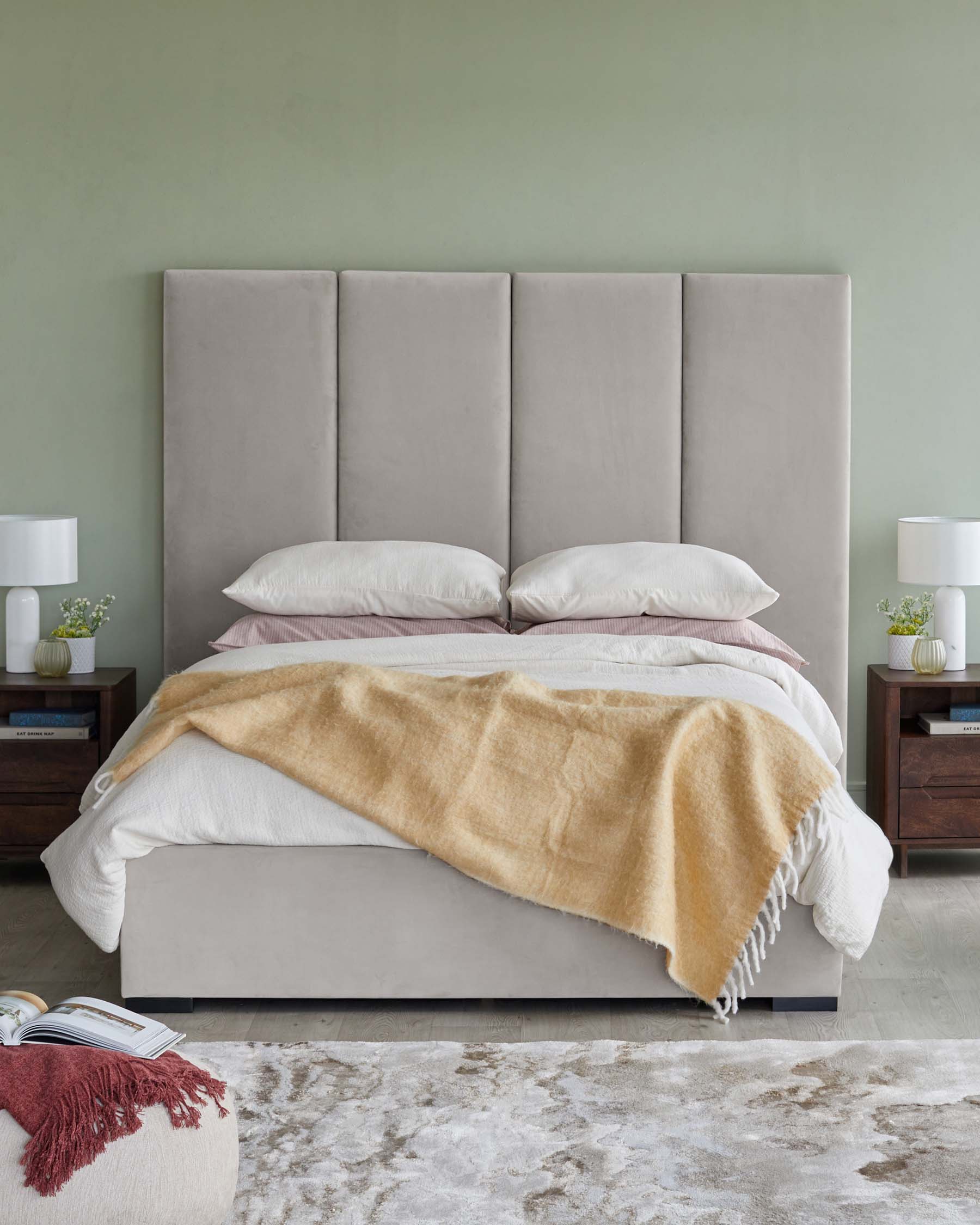 Penelope light grey velvet king size ottoman bed with 4 panel headboard - Image 5