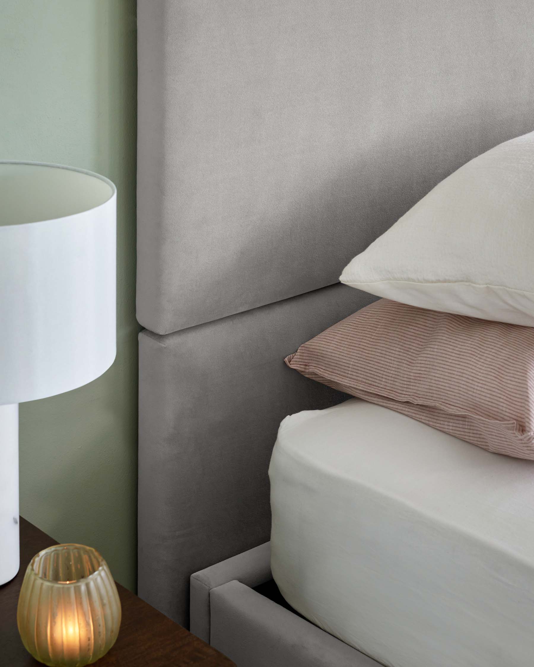 Penelope light grey recycled velvet king size ottoman bed with 5 panel headboard - Image 5