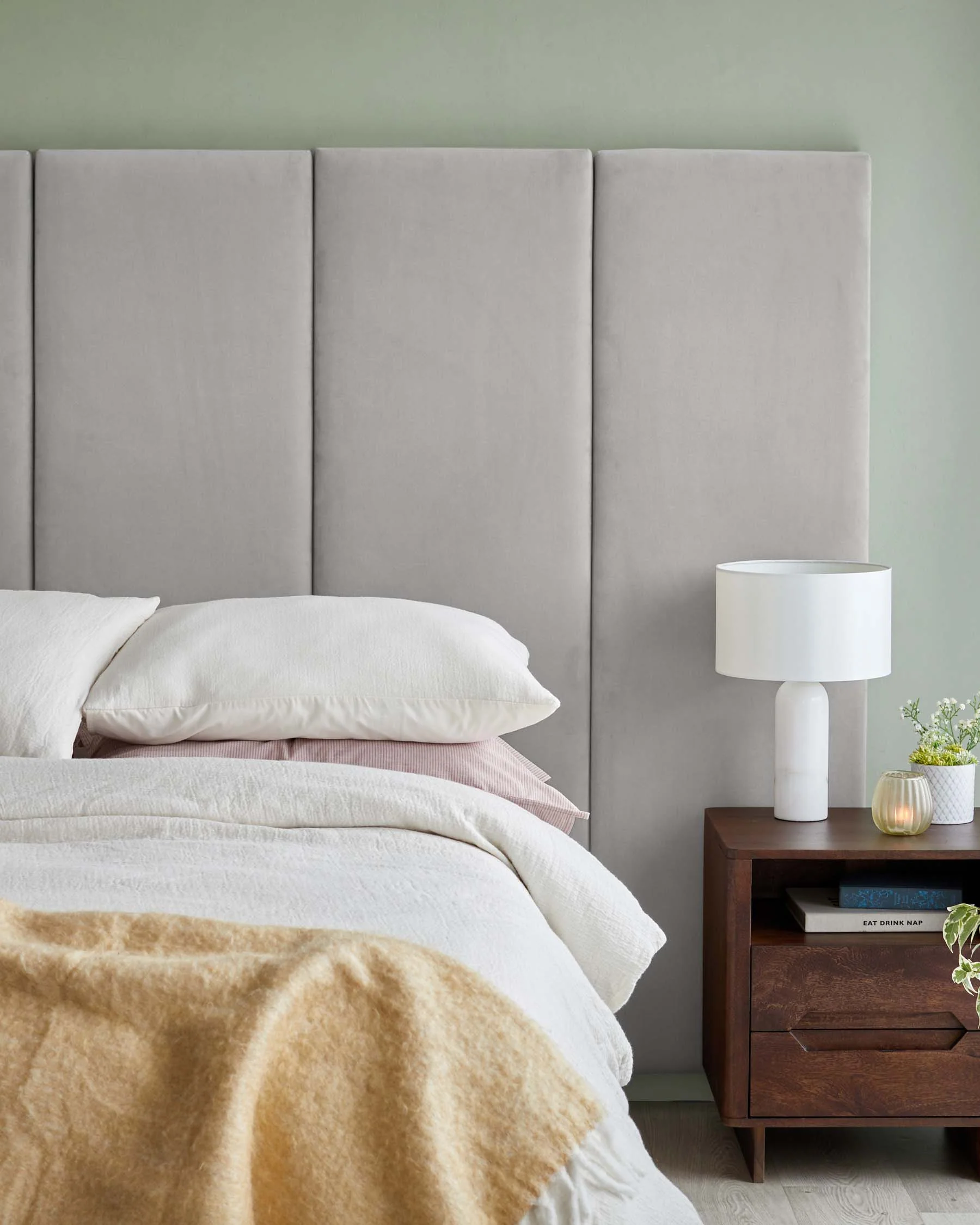 Penelope light grey recycled velvet king size ottoman bed with 5 panel headboard - Image 6