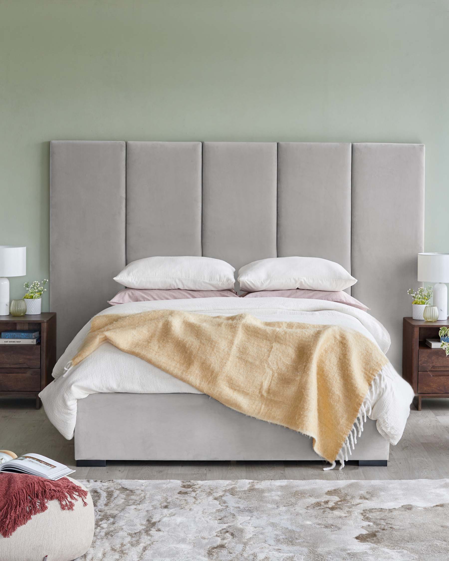 Penelope light grey recycled velvet super king ottoman bed with 5 panel headboard - Image 3