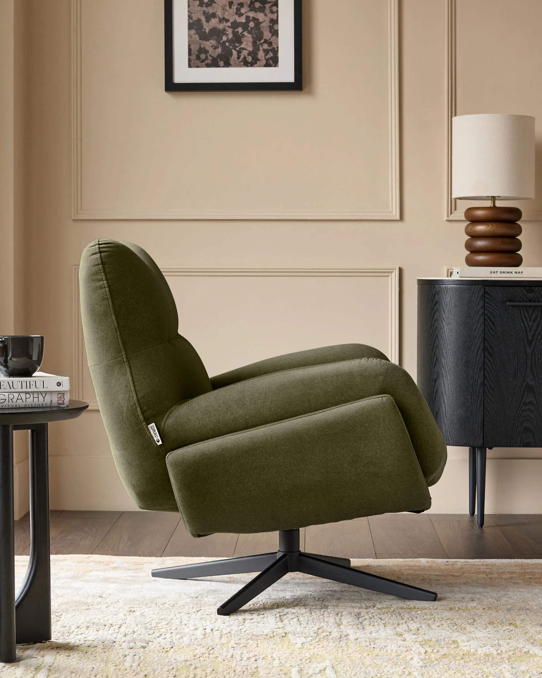Piper olive green velvet swivel occasional chair with footstool - Image 7
