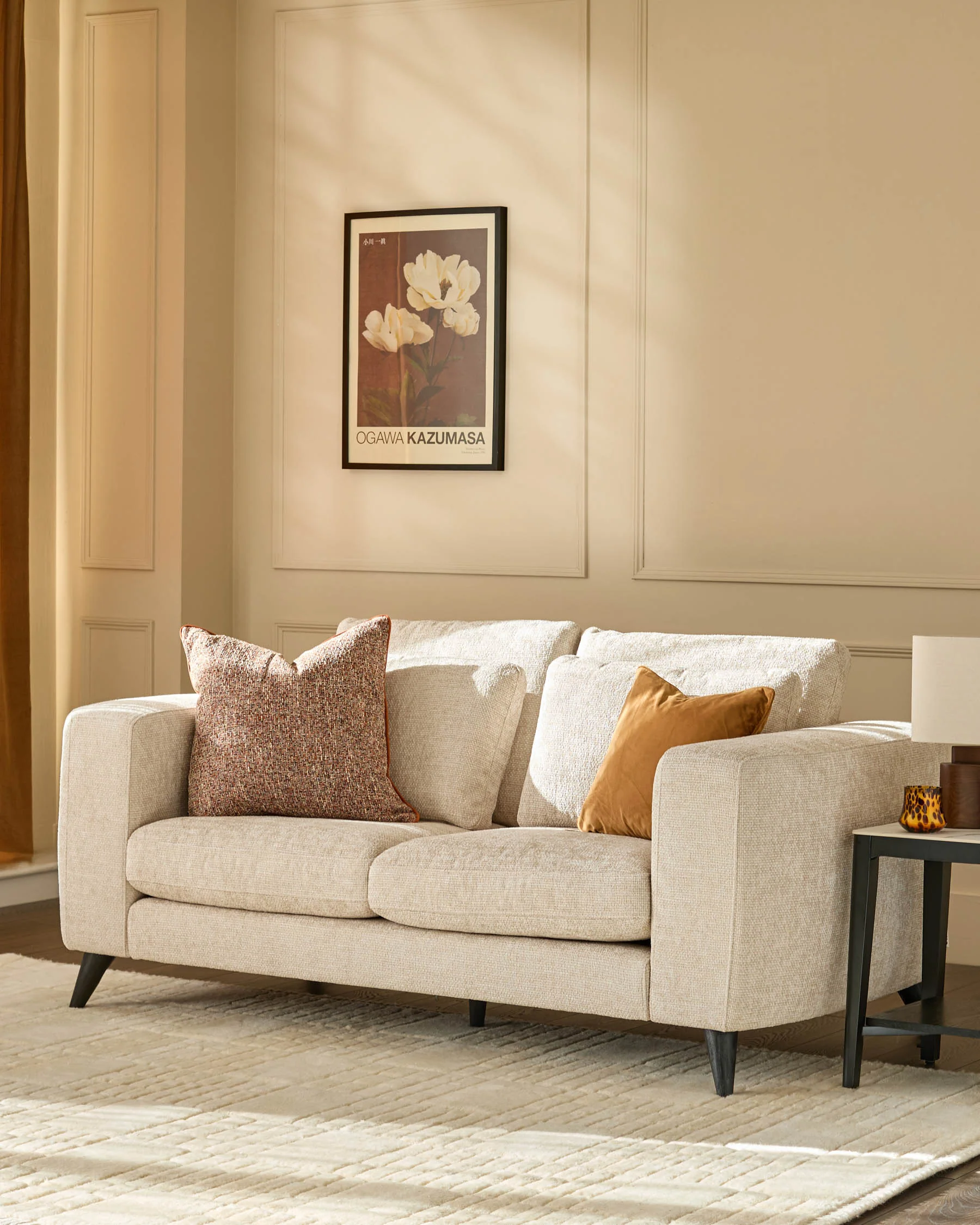Quinn natural fabric dark wood 2 seater sofa - Image 2