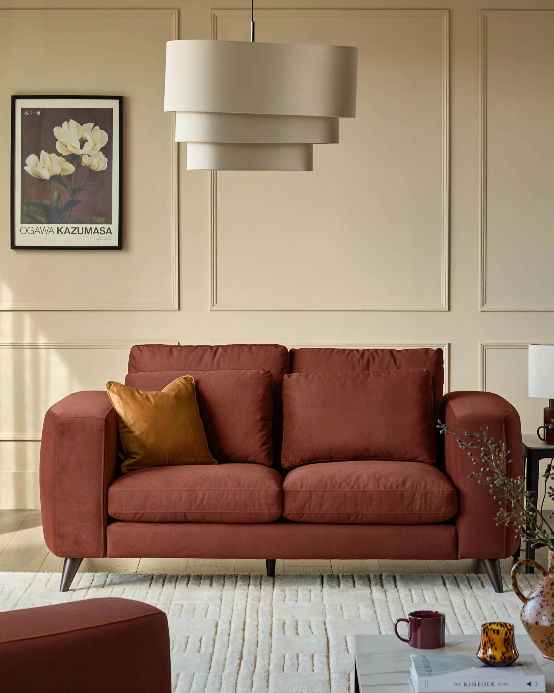Quinn toffee red plush fabric black wood 2 seater sofa