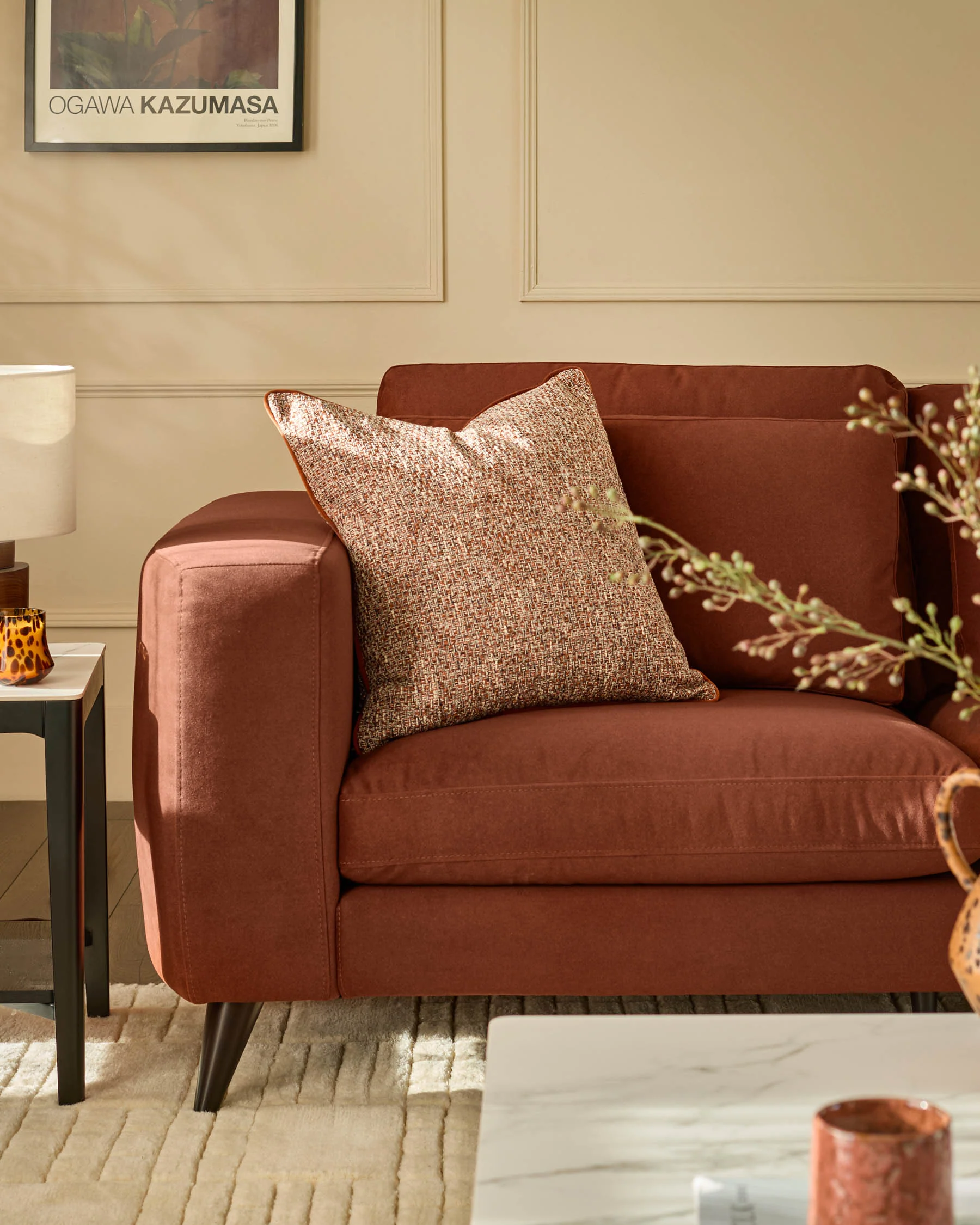 Quinn toffee red plush fabric black wood 2 seater sofa - Image 6