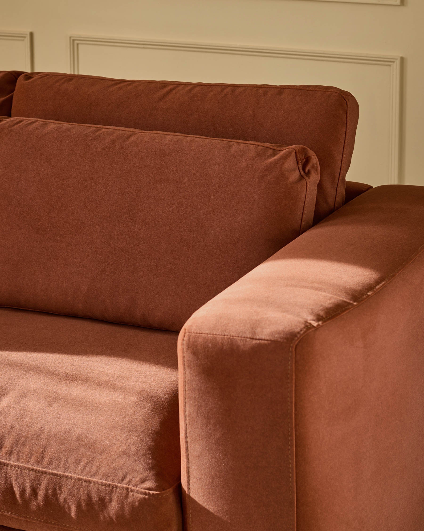Quinn toffee red plush fabric black wood 2 seater sofa - Image 8