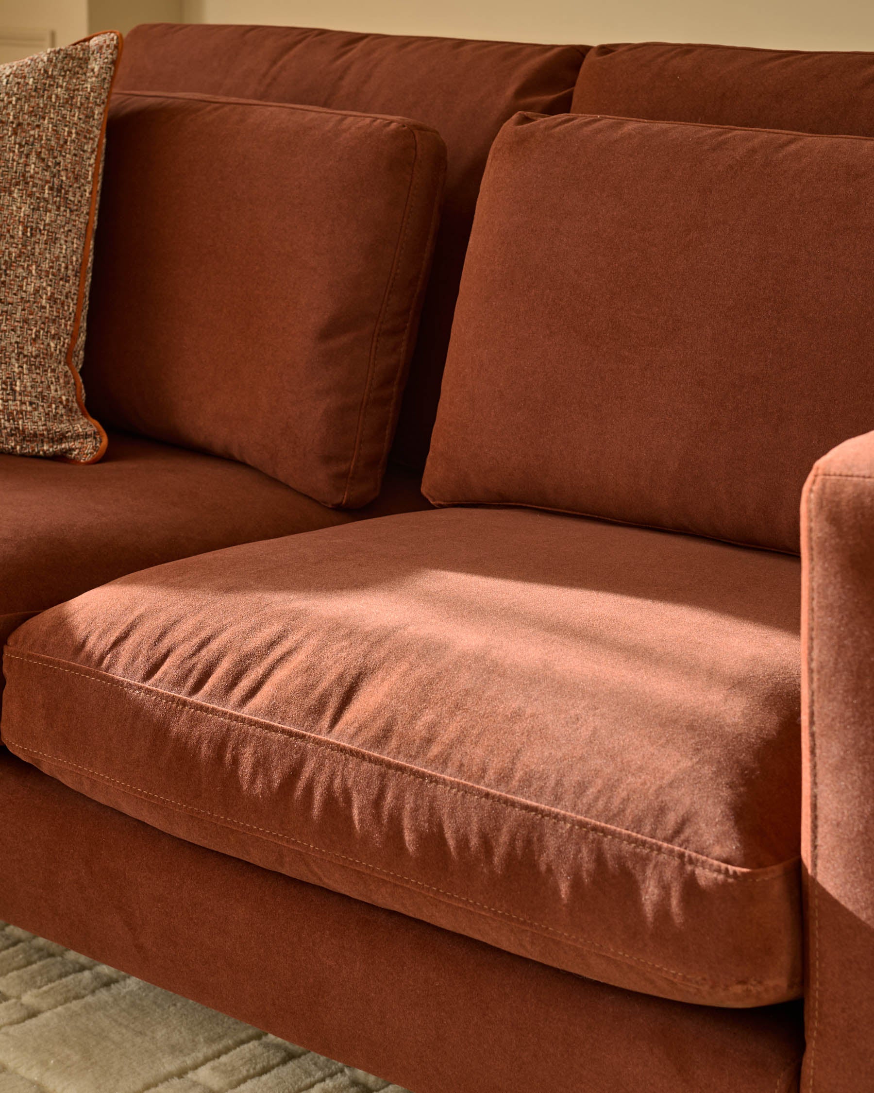 Quinn toffee red plush fabric black wood 2 seater sofa - Image 9