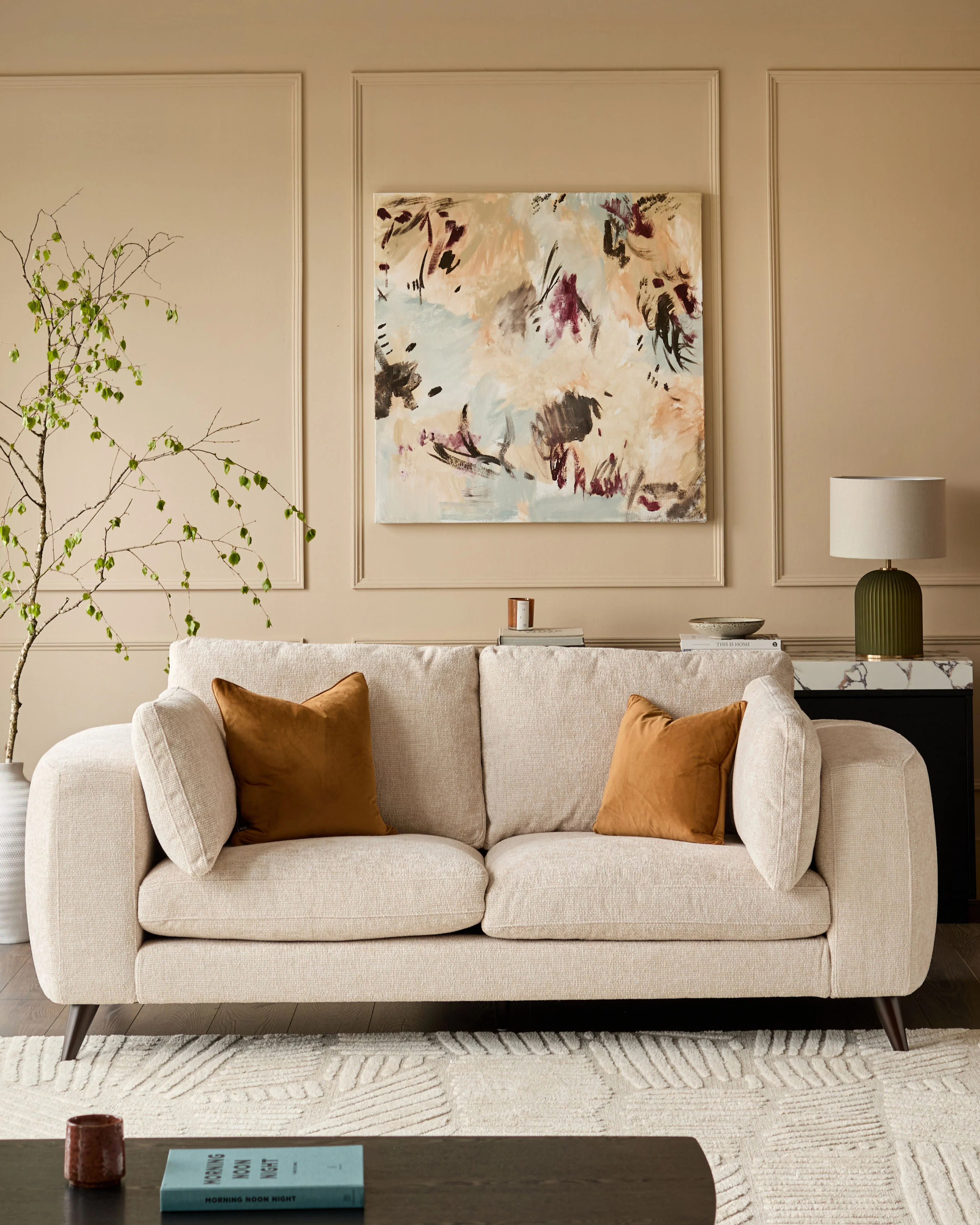 Quinn natural fabric dark wood 3 seater sofa