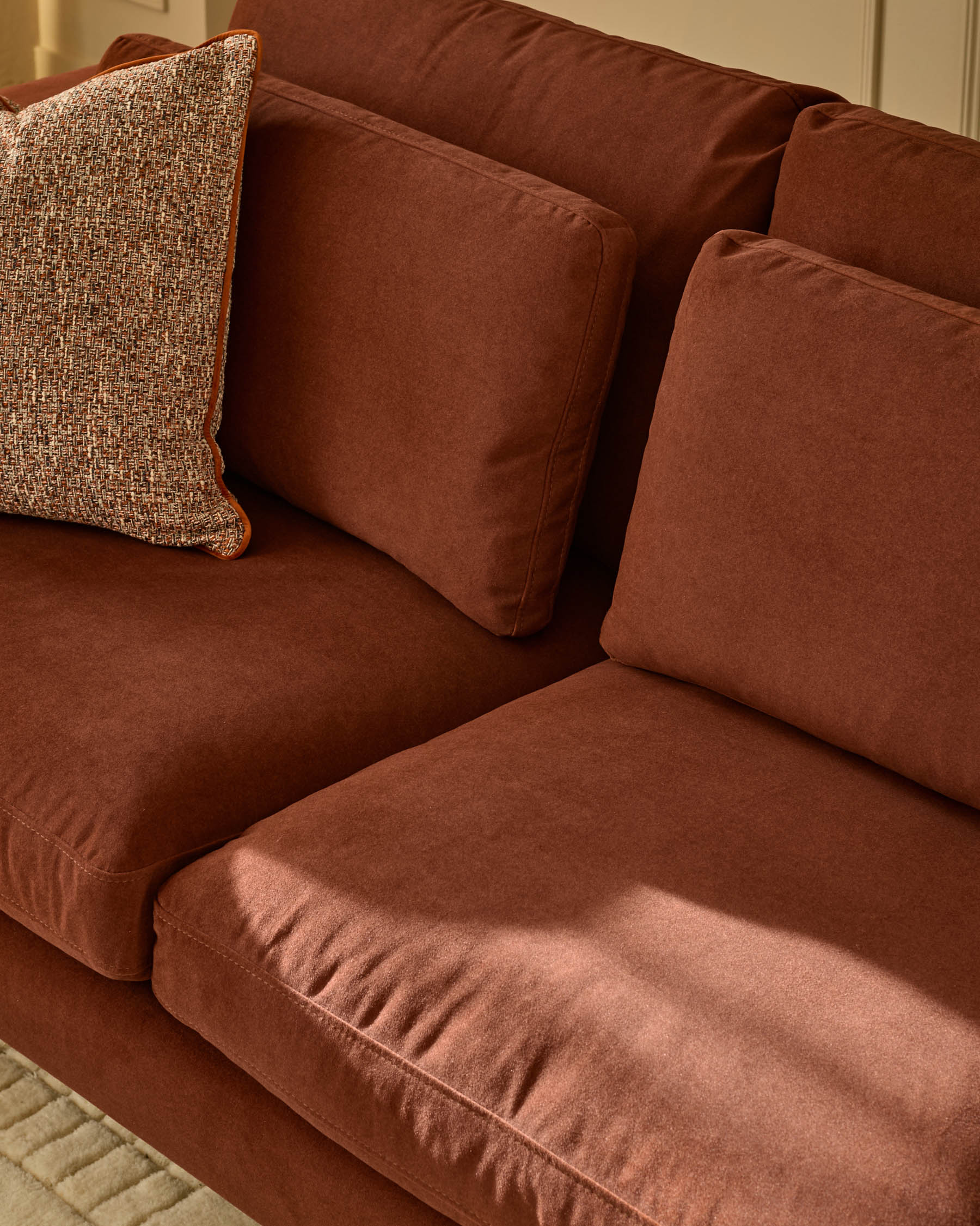 Quinn toffee red plush fabric black wood 3 seater sofa - Image 4