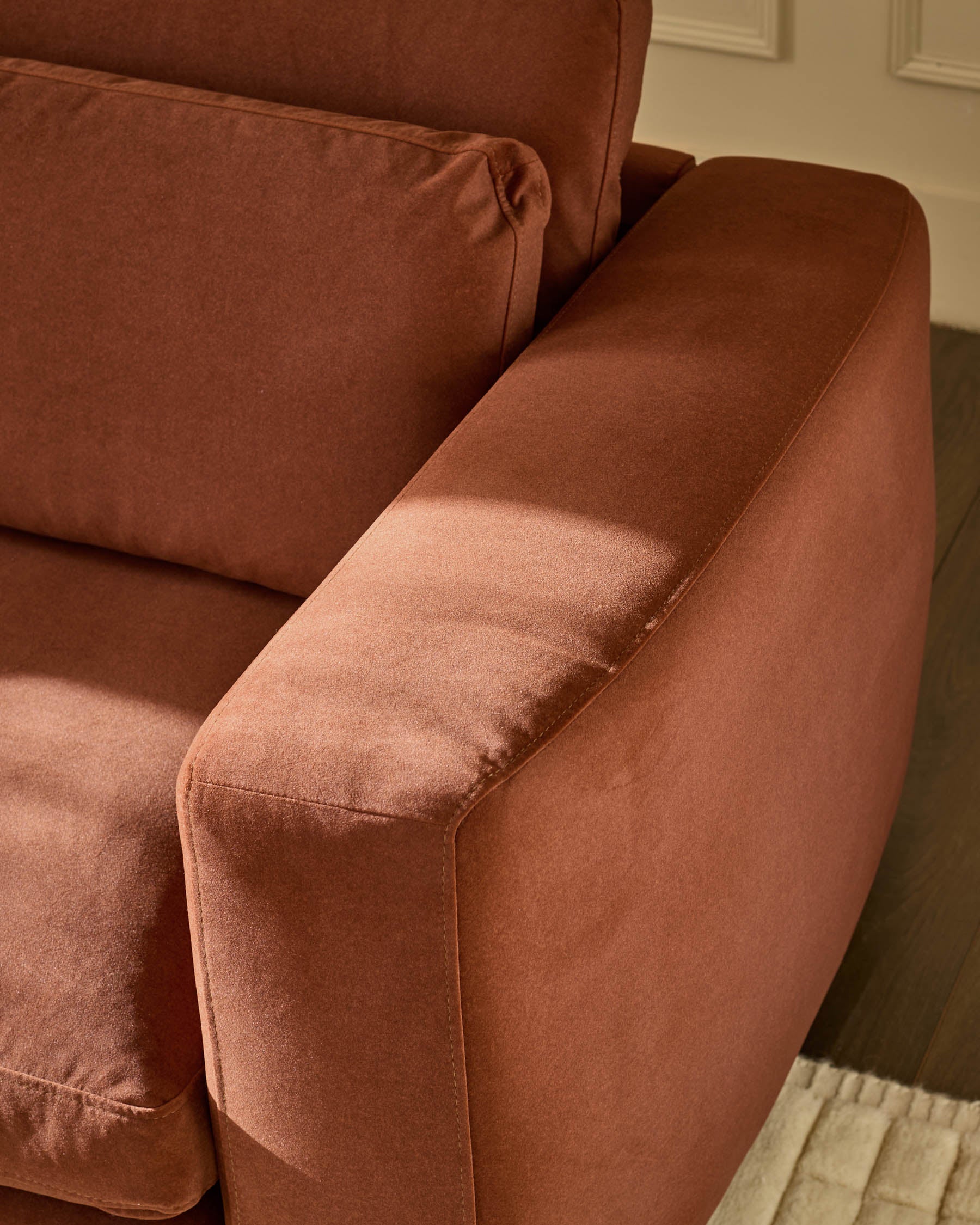 Quinn toffee red plush fabric black wood 3 seater sofa - Image 5