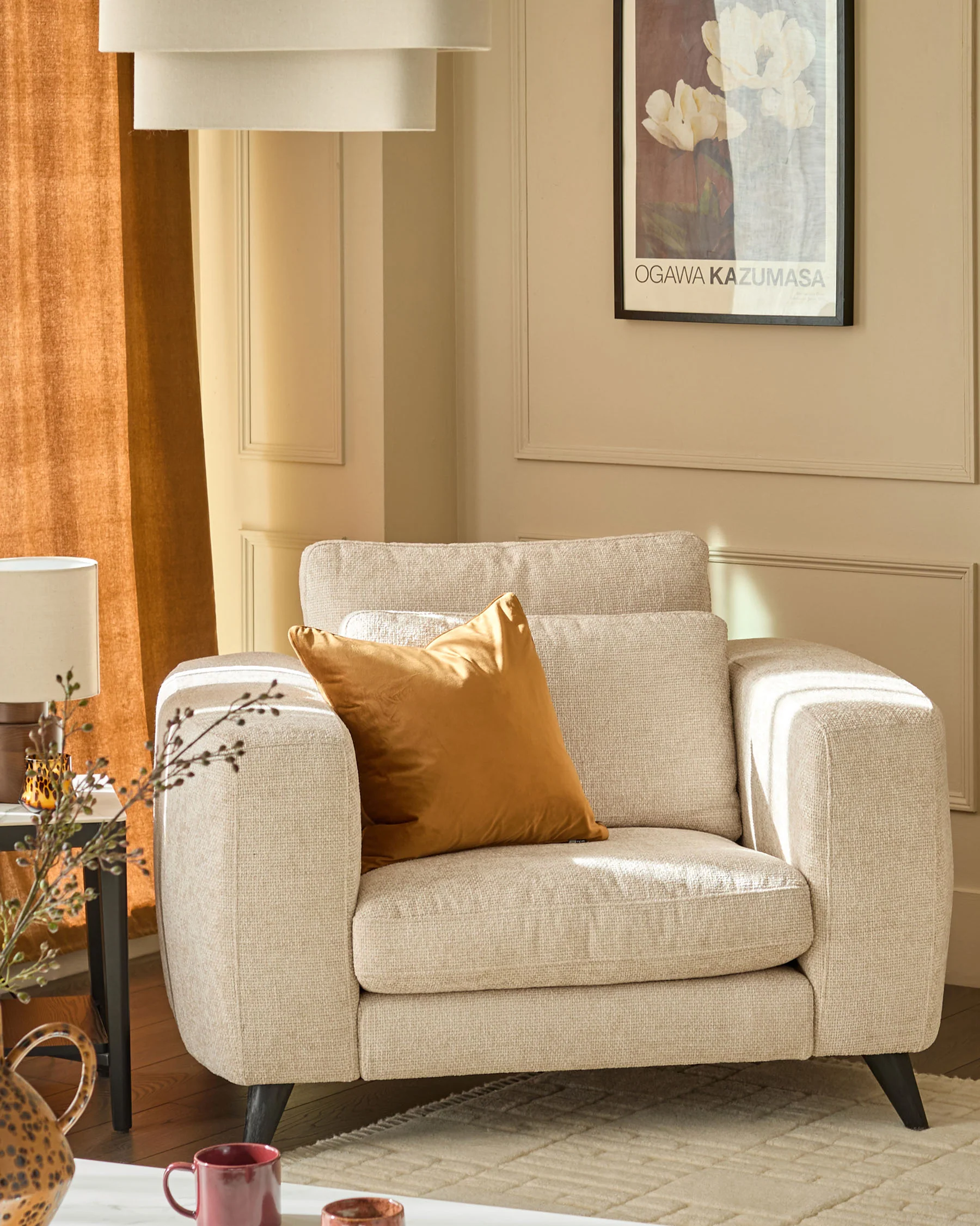 Quinn natural fabric dark wood armchair