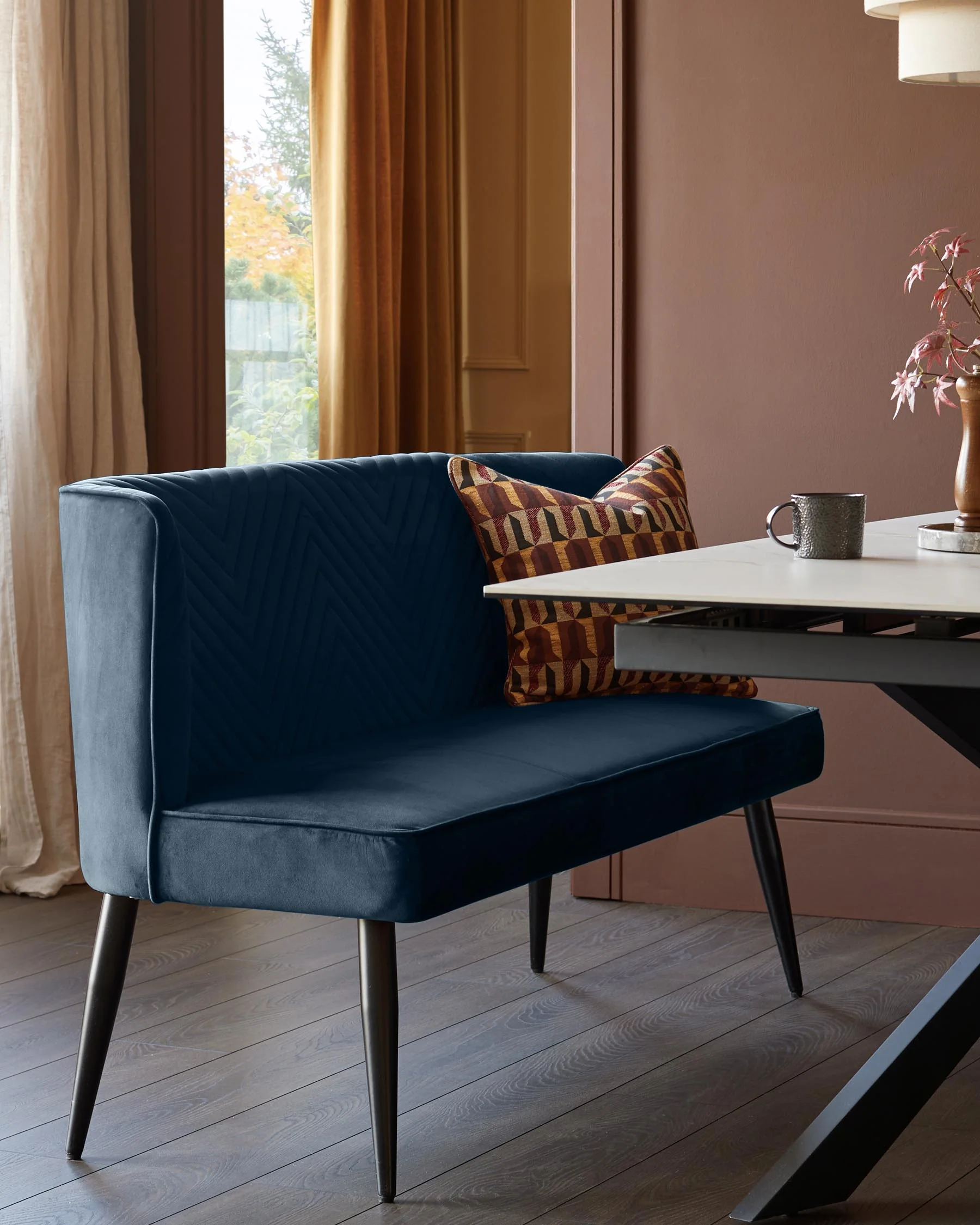 Serena Dark Blue Velvet 3 Seater Dining Bench with Backrest - Image 5