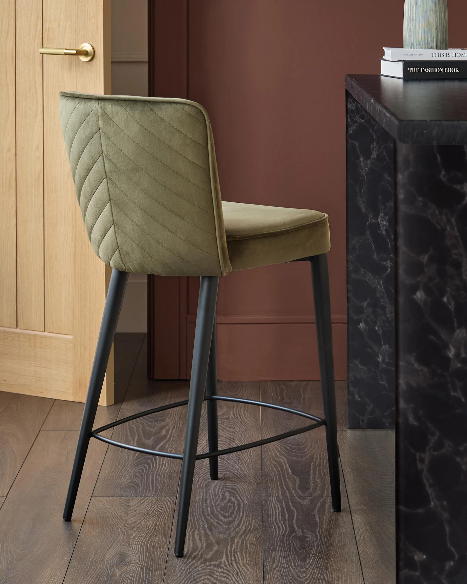 Serena olive green velvet bar stool - Image 4