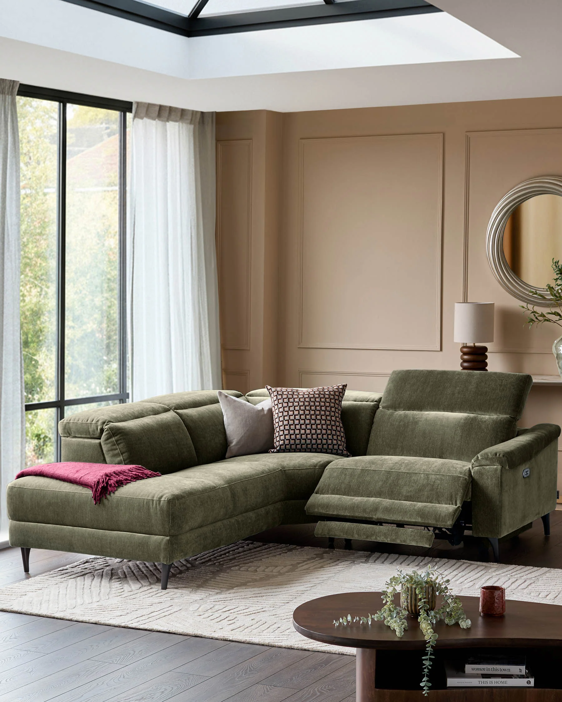 Serene dark green fabric small left hand corner chaise recliner sofa