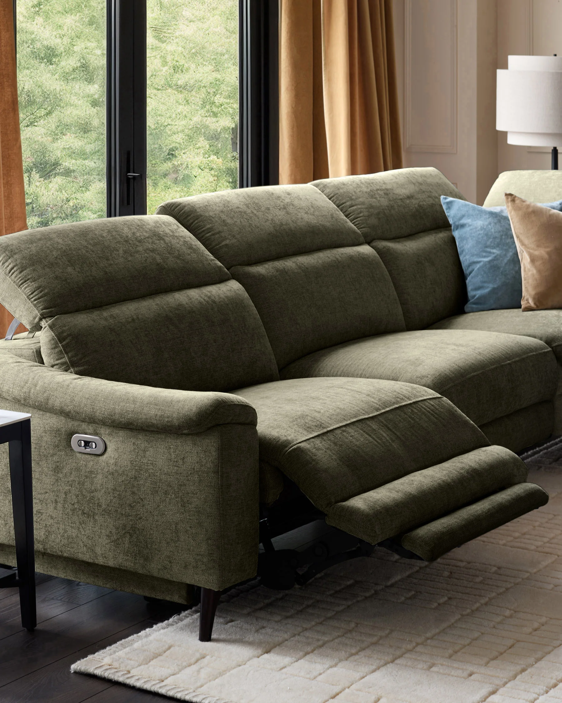 Serene dark green fabric large right hand corner chaise recliner sofa - Image 3