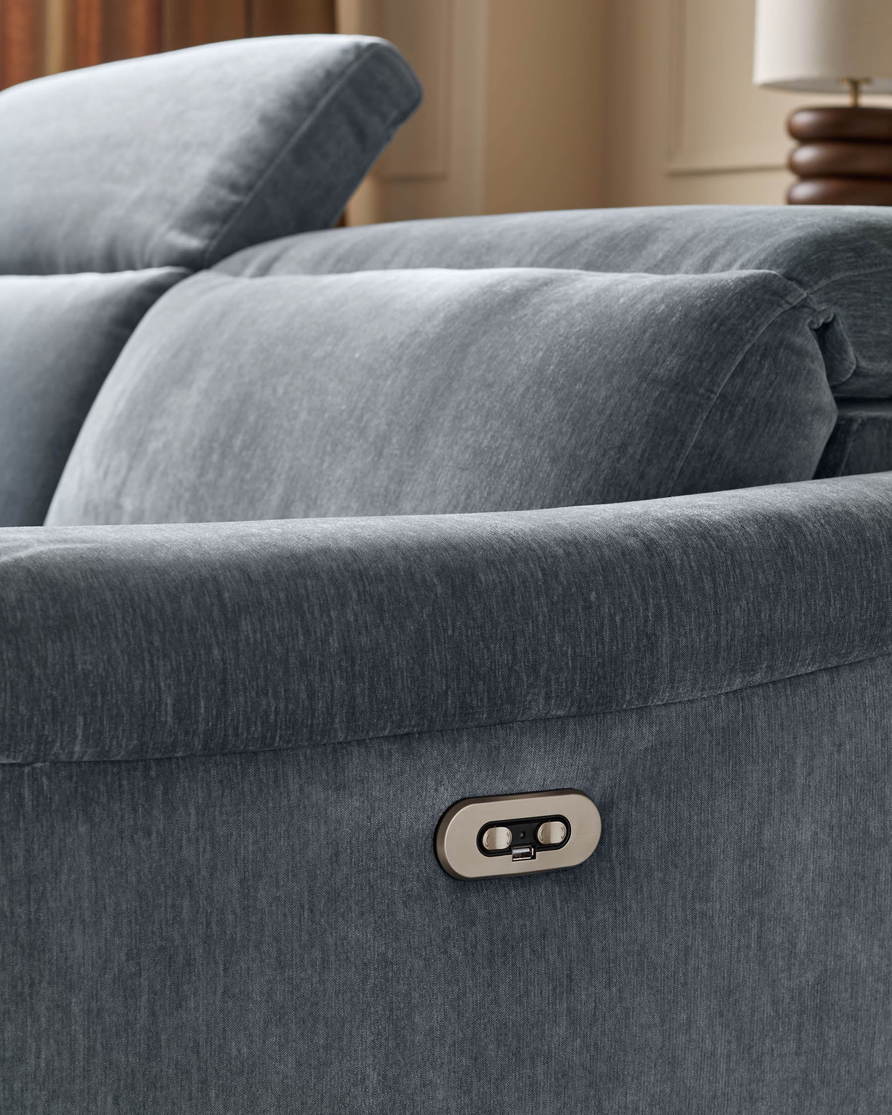 Serene blue grey fabric small right hand corner chaise recliner sofa - Image 12