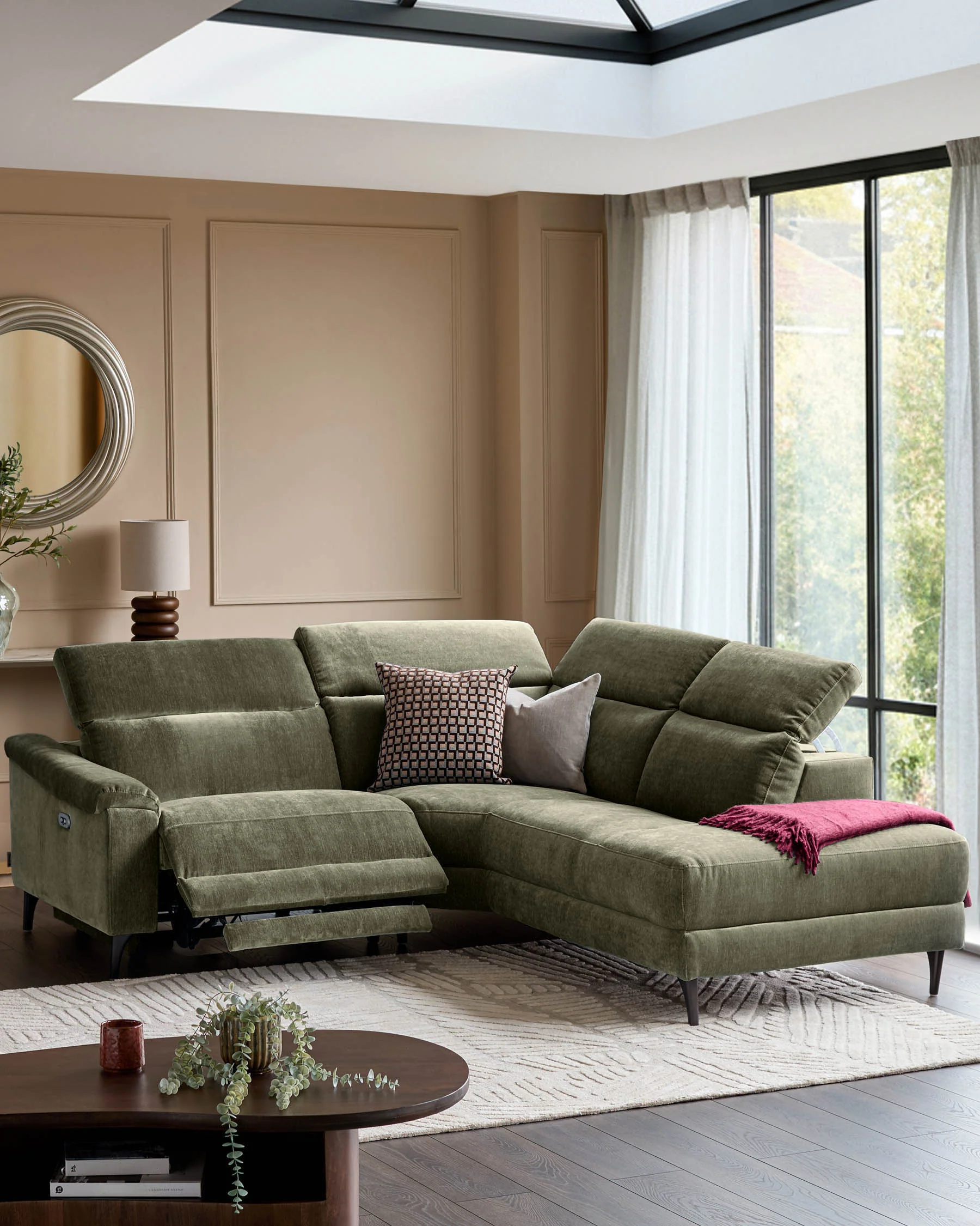 Serene dark green fabric small right hand corner chaise recliner sofa