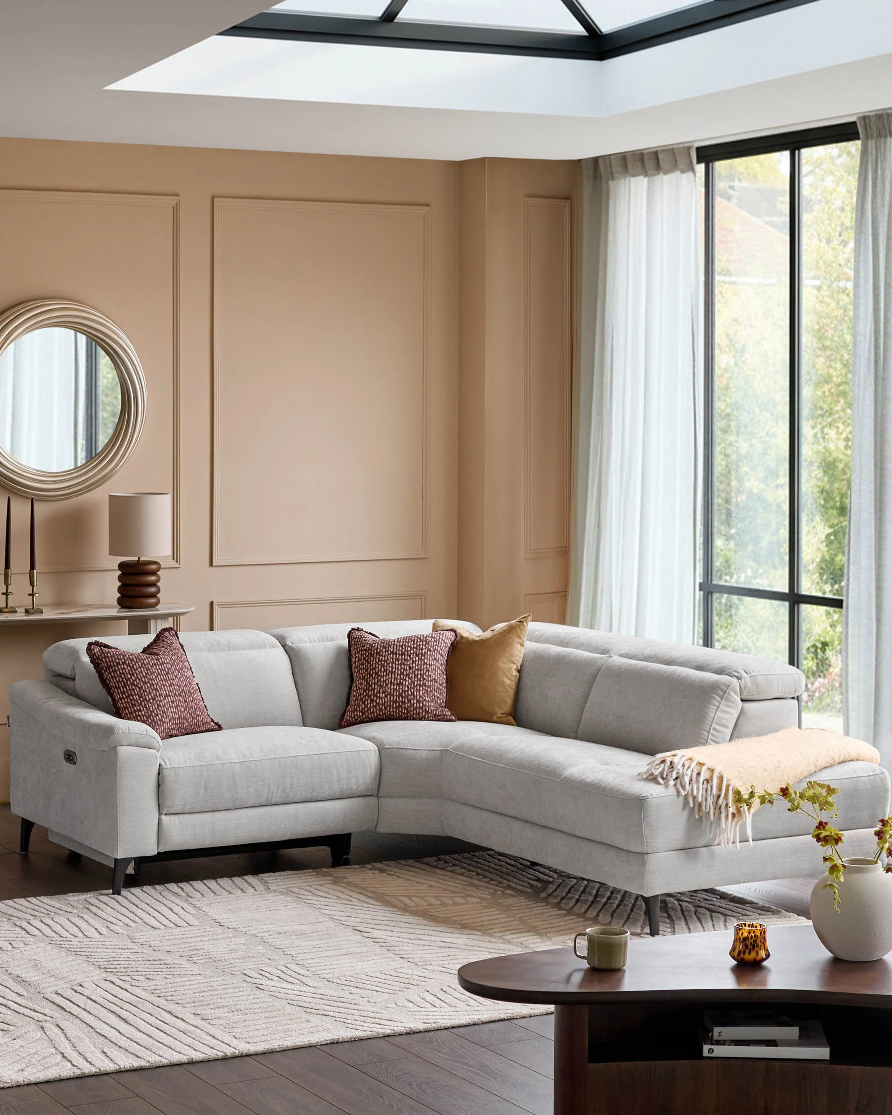 Serene light grey fabric small right hand corner chaise recliner sofa