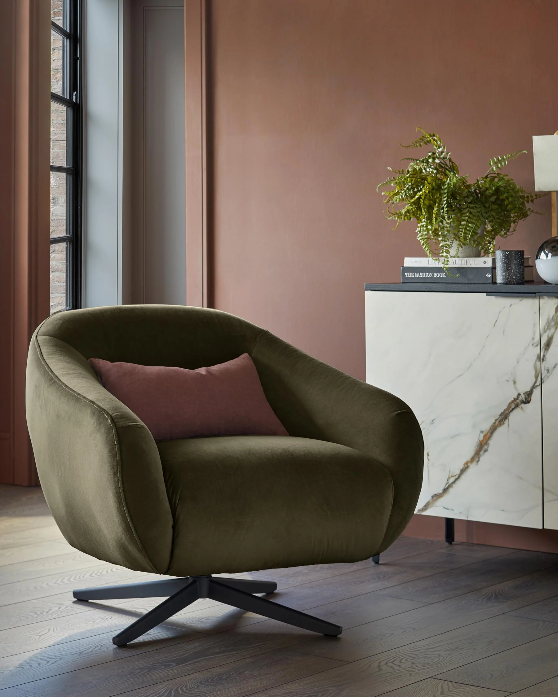 Soren olive green velvet swivel accent chair - Image 3