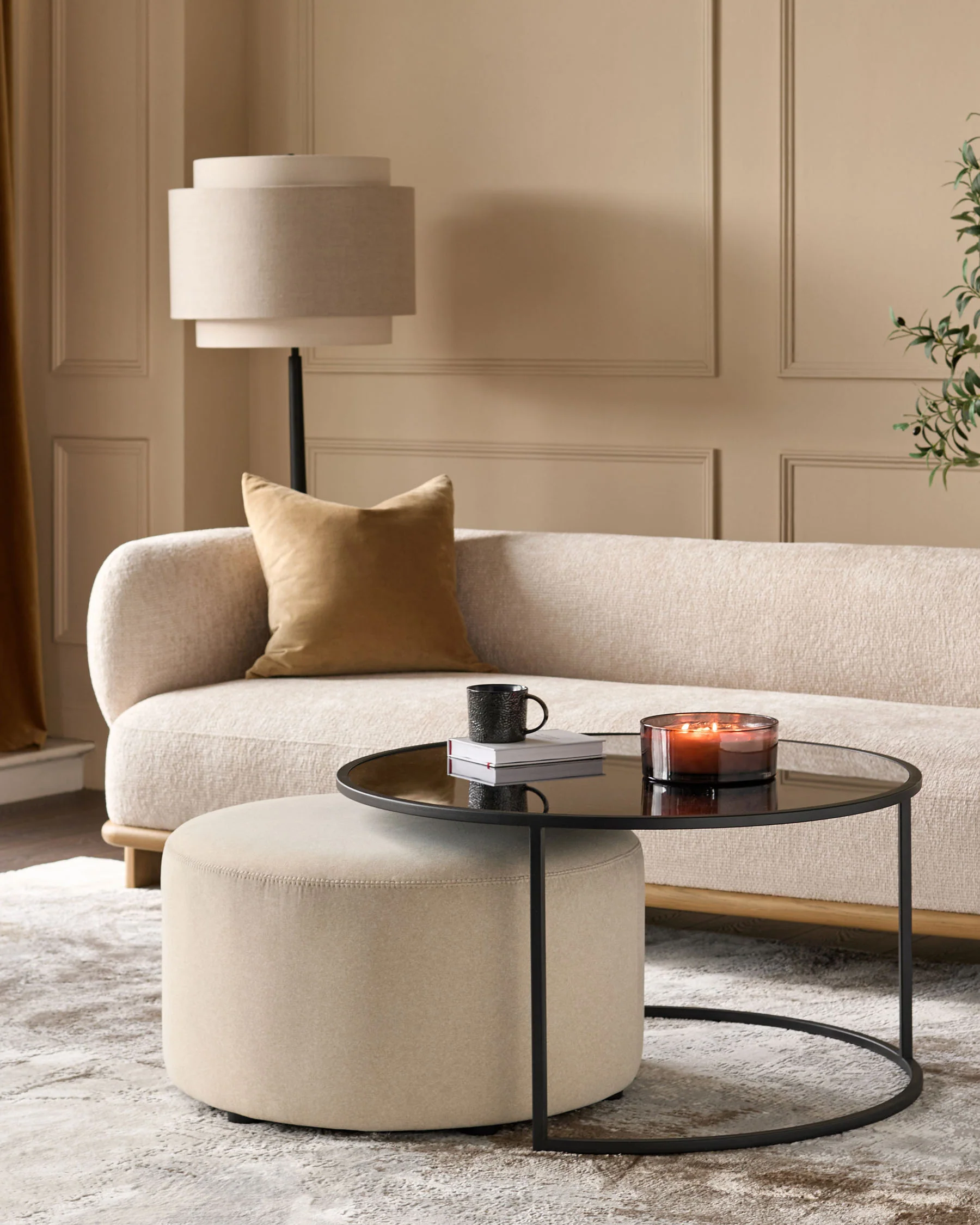 Thea smoked mirror coffee table and cream plush fabric pouffe set - Image 3