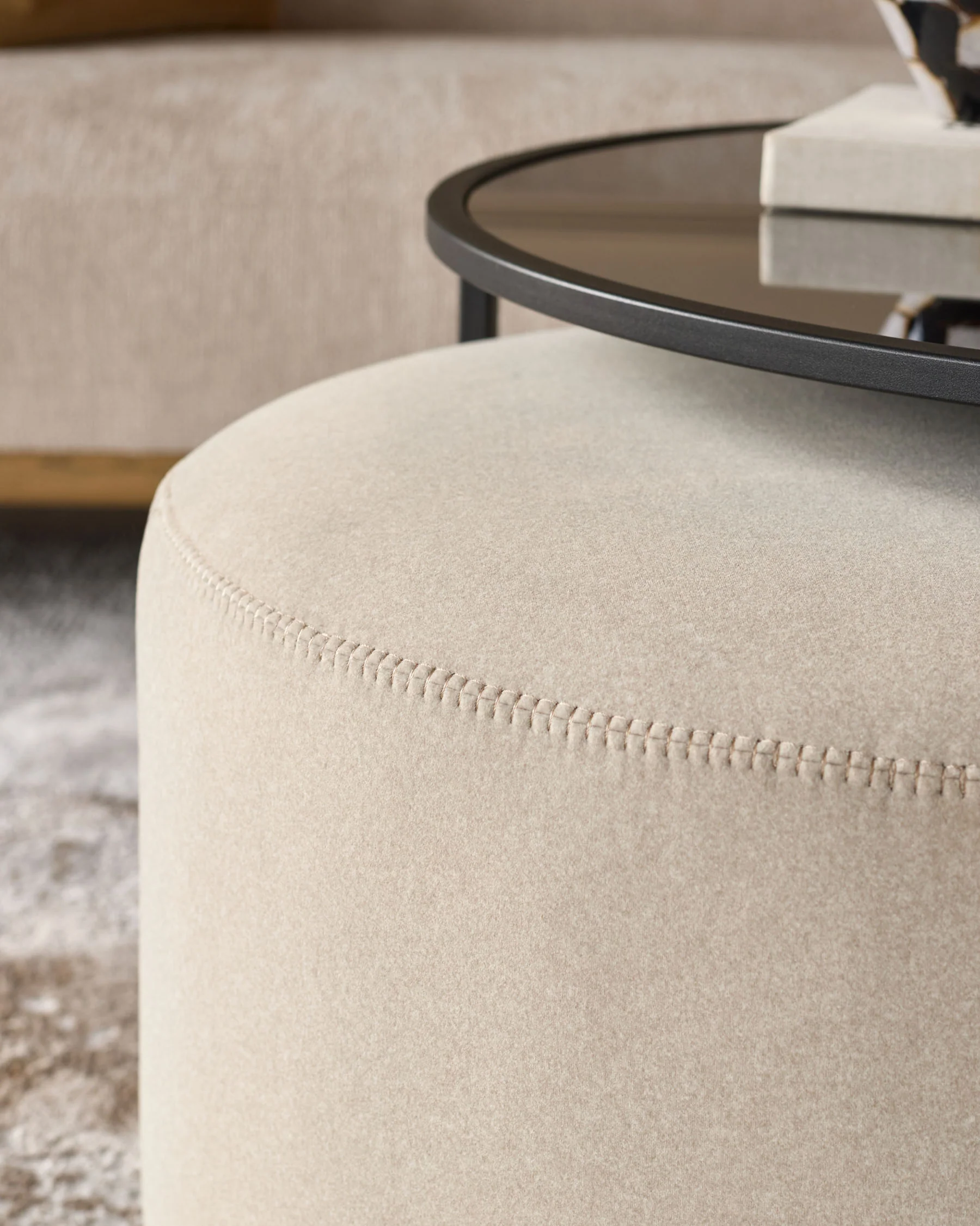 Thea smoked mirror coffee table and cream plush fabric pouffe set - Image 4