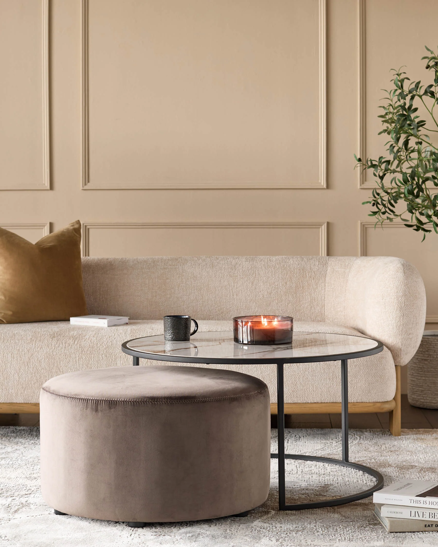 Thea natural ceramic coffee table and mocha velvet pouffe set