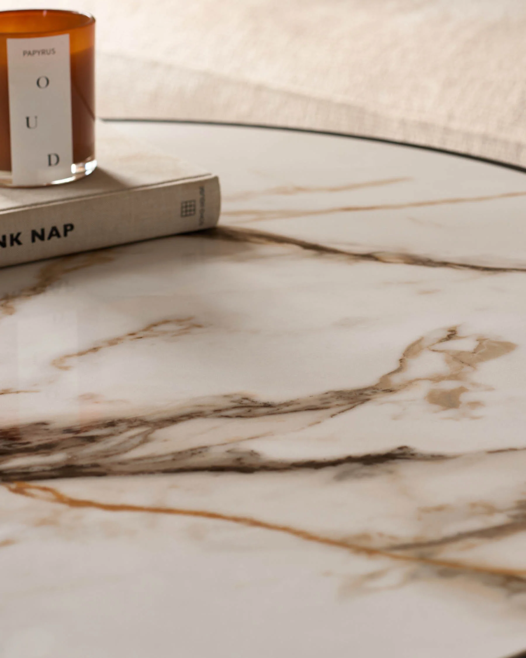 Thea natural ceramic coffee table and mocha velvet pouffe set - Image 2