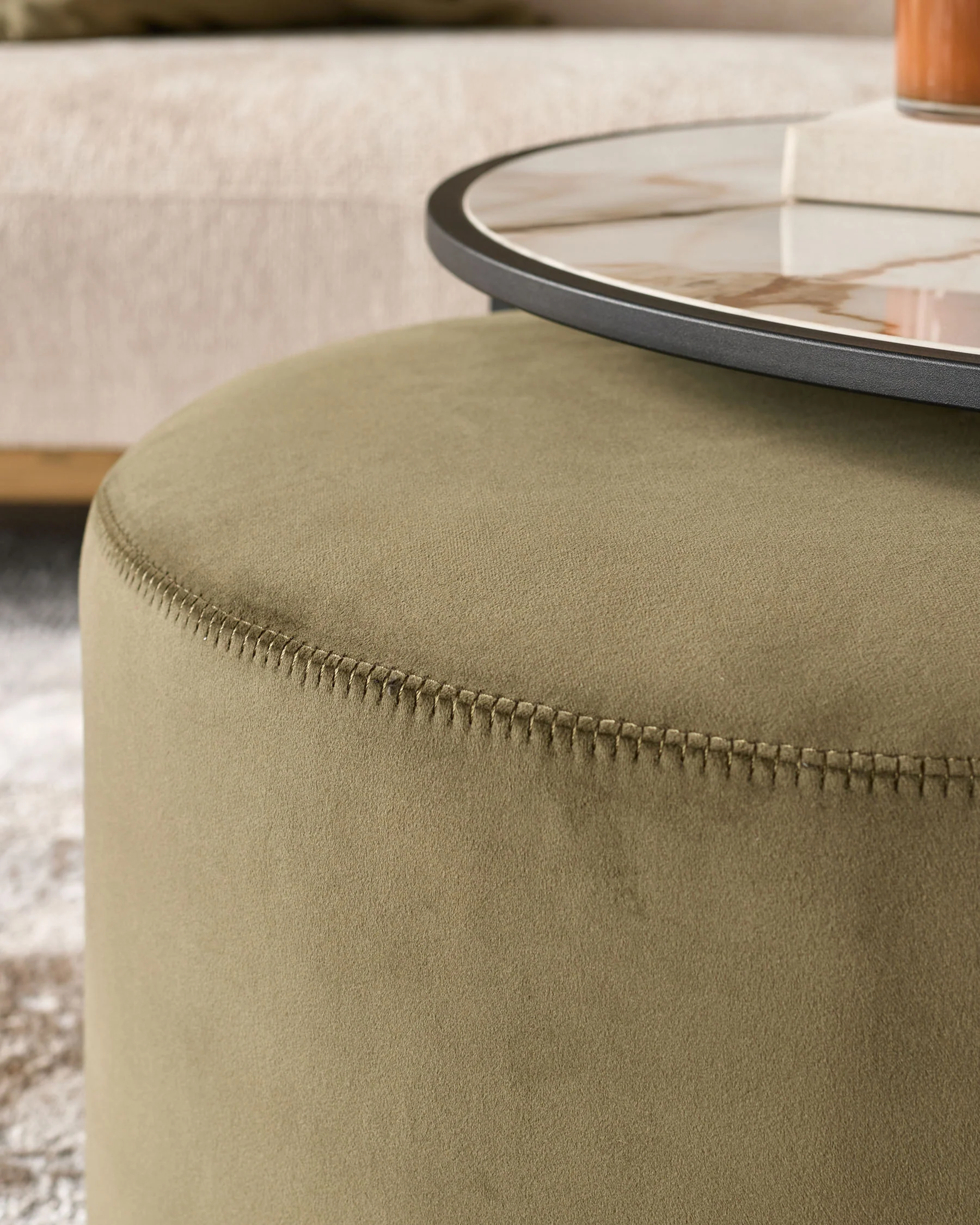 Thea natural ceramic coffee table and olive green velvet pouffe set - Image 2